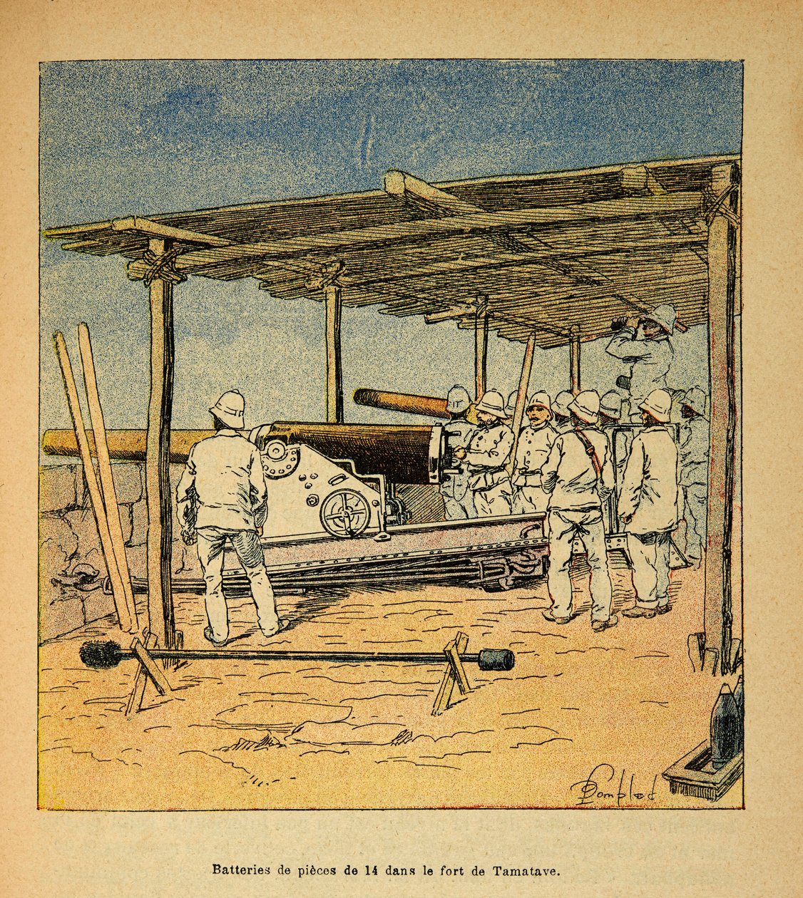 الحرب في مدغشقر - التاريخ القصصي للبعثات الفرنسية 1885-1895 بقلم هنري جالي ديت جاليشيت (1854-1922) ، برسم لويس بومبلد (1862-1927): طبول من 14 قطعة في حصن تاماتاف في عام 1895 ، مجموعة خاصة بواسطة تفجير لويس تشارلز
