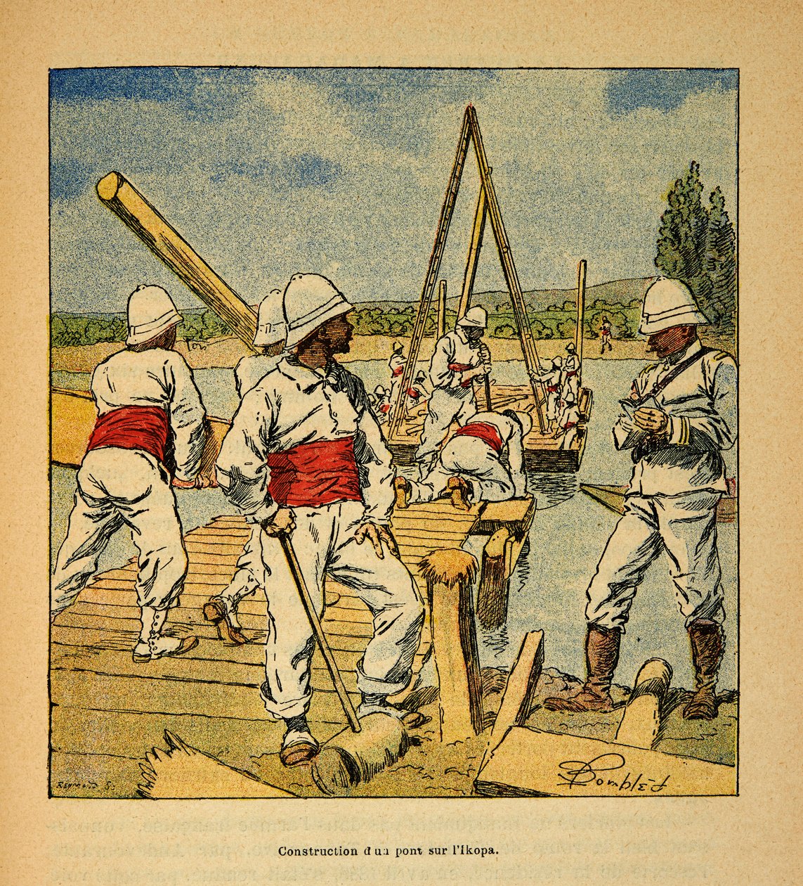 الحرب في مدغشقر - التاريخ القصصي للبعثات الفرنسية 1885-1895 بقلم هنري جالي ديت غالليشيت (1854-1922) ، رسمها لويس بومبلد (1862-1927): بناء جسر بواسطة الجني على نهر إيكوبا في عام 1895 ، مجموعة خاصة بواسطة تفجير لويس تشارلز