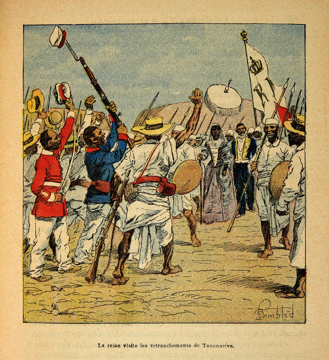 الحرب في مدغشقر - التاريخ القصصي للبعثات الفرنسية 1885-1895 بقلم هنري غالي ديت غالليشيت (1854-1922) ، رسمها لويس بومبلد (1862-1927): الملكة رانافالونا تزور ثوابت تاناناريف في عام 1895 ، مجموعة خاصة بواسطة تفجير لويس تشارلز