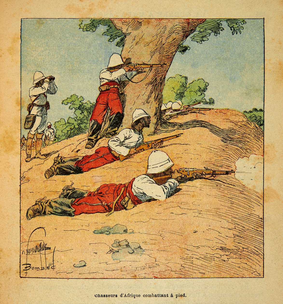 الحرب في مدغشقر - التاريخ القصصي للبعثات الفرنسية 1885-1895 بقلم هنري جالي ديت جاليشيت (1854-1922) ، رسمها لويس بومبلد (1862-1927): صيادو أفريقيا يقاتلون سيرًا على الأقدام في مدغشقر عام 1895 بواسطة تفجير لويس تشارلز