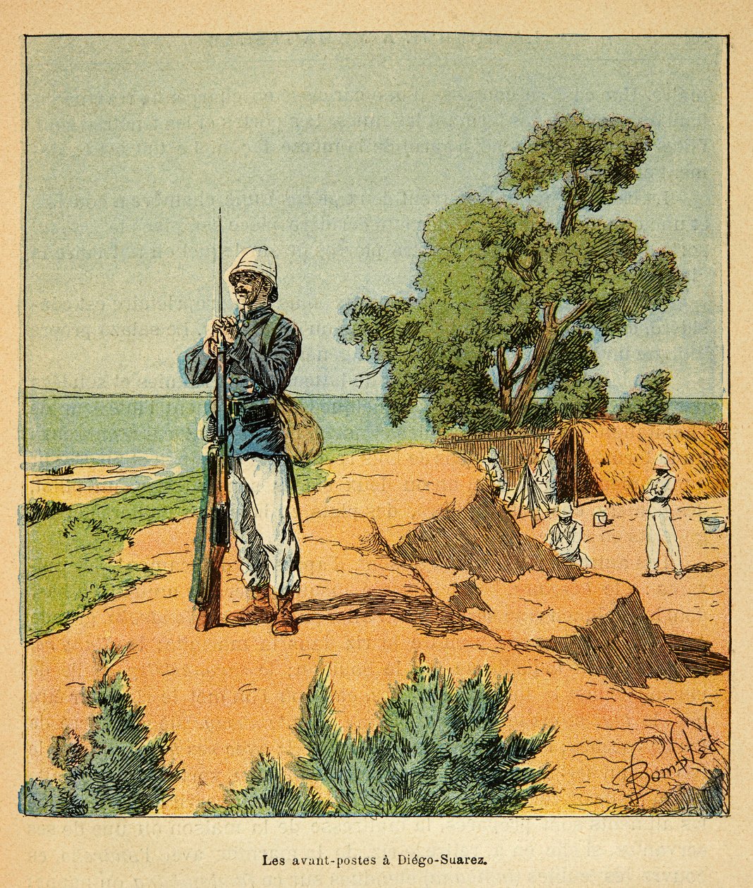 الحرب في مدغشقر - التاريخ القصصي للبعثات الفرنسية 1885-1895 بقلم هنري جالي ديت غالليشيت (1854-1922) ، رسمها لويس بومبلد (1862-1927): موقع فرنسي في دييجو-سواريز في مدغشقر في عام 1885 ، مجموعة خاصة بواسطة تفجير لويس تشارلز