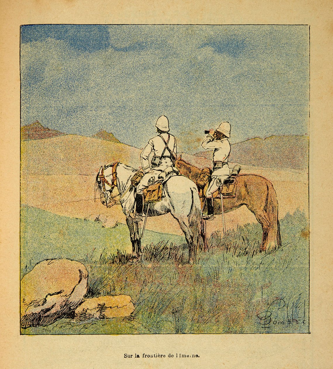 الحرب في مدغشقر - التاريخ القصصي للبعثات الفرنسية 1885-1895 بقلم هنري جالي ديت جاليشيت (1854-1922) ، رسمها لويس بومبلد (1862-1927): عسكري في استطلاع على حدود إميرن إلى مدغشقر في عام 1895 ، خاص مجموعة بواسطة تفجير لويس تشارلز
