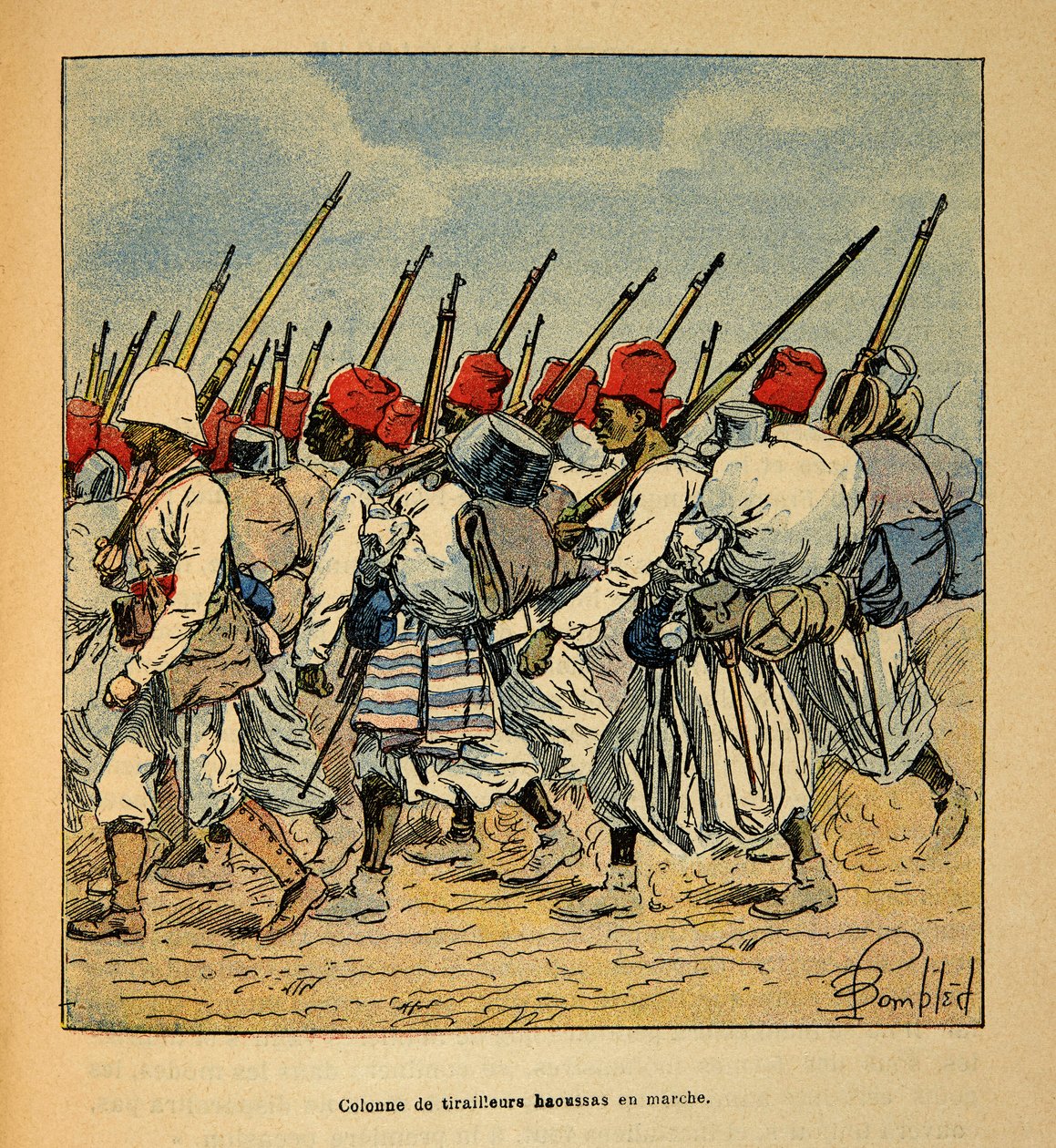 الحرب في مدغشقر - التاريخ القصصي للبعثات الفرنسية 1885-1895 بقلم هنري جالي ديت جاليشيت (1854-1922) ، رسمها لويس بومبلد (1862-1927): عمود Haoussas Tirailleurs يسير في عام 1895 ، مجموعة خاصة بواسطة تفجير لويس تشارلز