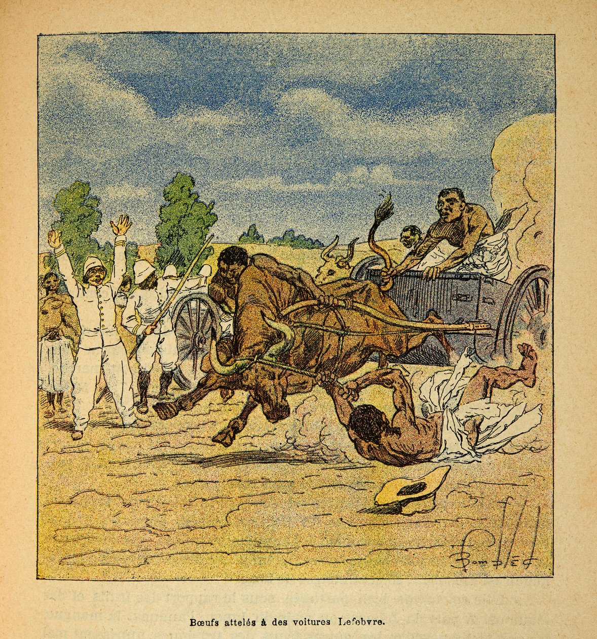الحرب في مدغشقر - التاريخ القصصي للبعثات الفرنسية 1885-1895 بواسطة هنري جالي ديت جاليشيت (1854-1922) ، مصور من قبل لويس بومبلد (1862-1927): تم الوصول إلى Boeufs بواسطة سيارات Lefebvre ، مجموعة خاصة بواسطة تفجير لويس تشارلز