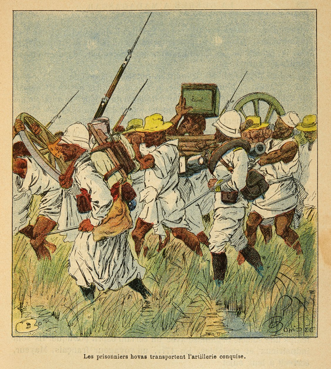 الحرب في مدغشقر - التاريخ القصصي للبعثات الفرنسية 1885-1895 بقلم هنري جالي ديت جاليشيت (1854-1922) ، رسمها لويس بومبلد (1862-1927): سجناء هوفاس استخدموا لنقل قطع المدفعية ، مجموعة خاصة بواسطة تفجير لويس تشارلز