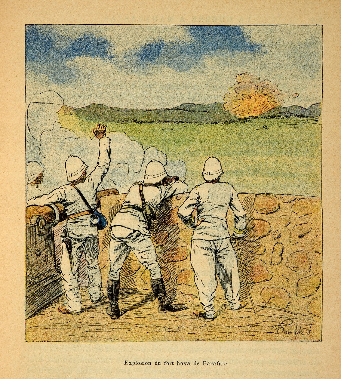 الحرب في مدغشقر - التاريخ القصصي للبعثات الفرنسية 1885-1895 بقلم هنري جالي ديت غالليشيت (1854-1922) ، مصور من قبل لويس بومبلد (1862-1927): انفجار حصن هوفا في فارات في عام 1895 ، مجموعة خاصة بواسطة تفجير لويس تشارلز
