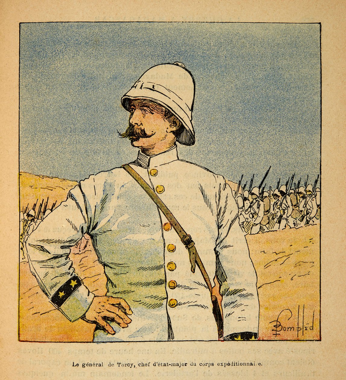 الحرب في مدغشقر - التاريخ القصصي للبعثات الفرنسية 1885-1895 بواسطة هنري جالي ديت جاليشيت (1854-1922) ، رسمها لويس بومبلد (1862-1927): صورة للجنرال دي تورسي (1844-1918) ، رئيس الأركان قوة المشاة في مداغ بواسطة تفجير لويس تشارلز