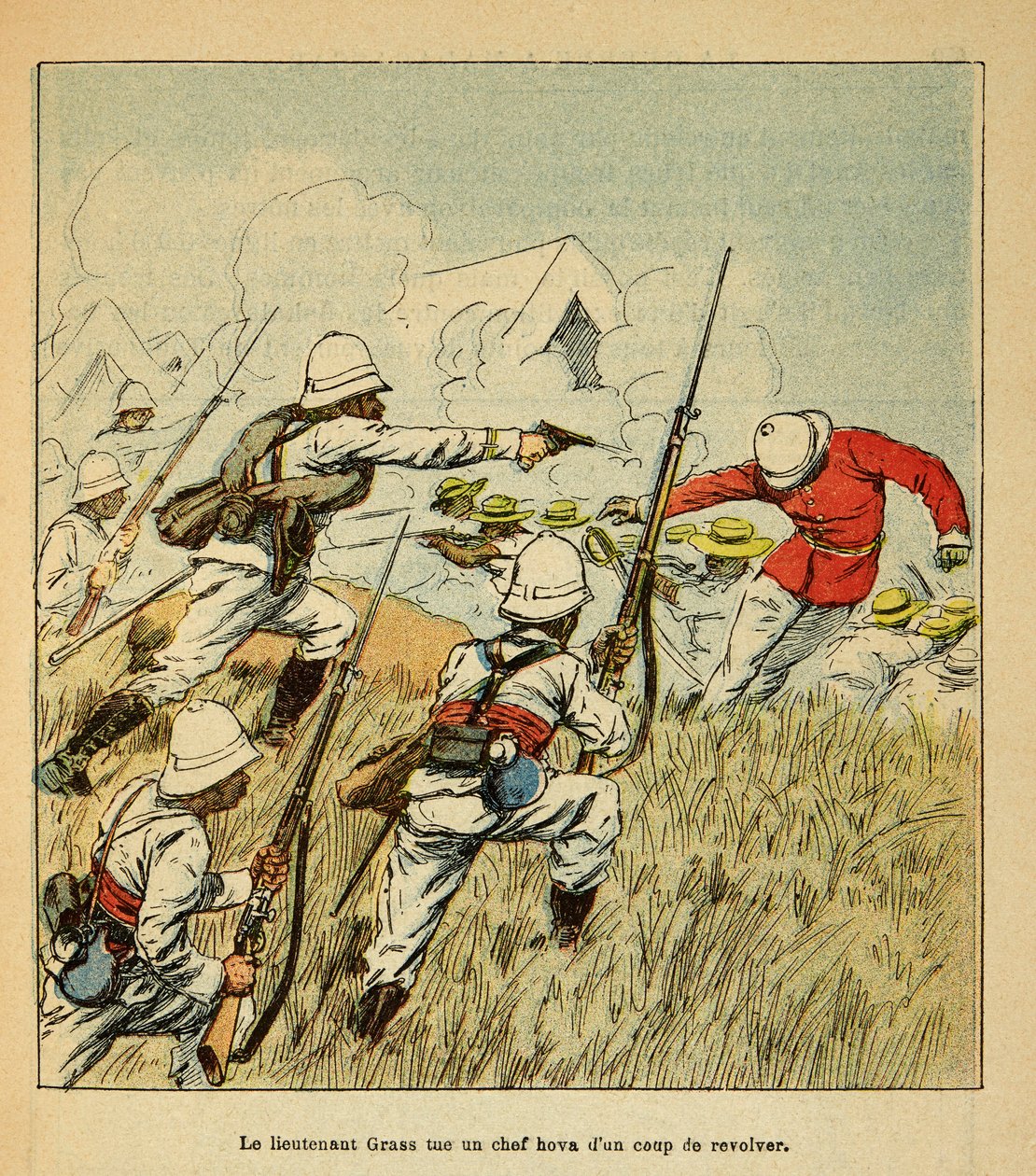 الحرب في مدغشقر - التاريخ القصصي للبعثات الفرنسية 1885-1895 بقلم هنري غالي ديت غالليشيت (1854-1922) ، وضّح بواسطة لويس بومبلد (1862-1927): قتل الملازم غرس قائد هوفا أثناء معارك القيصر في عام 1895 ، بشكل خاص كوليكتيو بواسطة تفجير لويس تشارلز