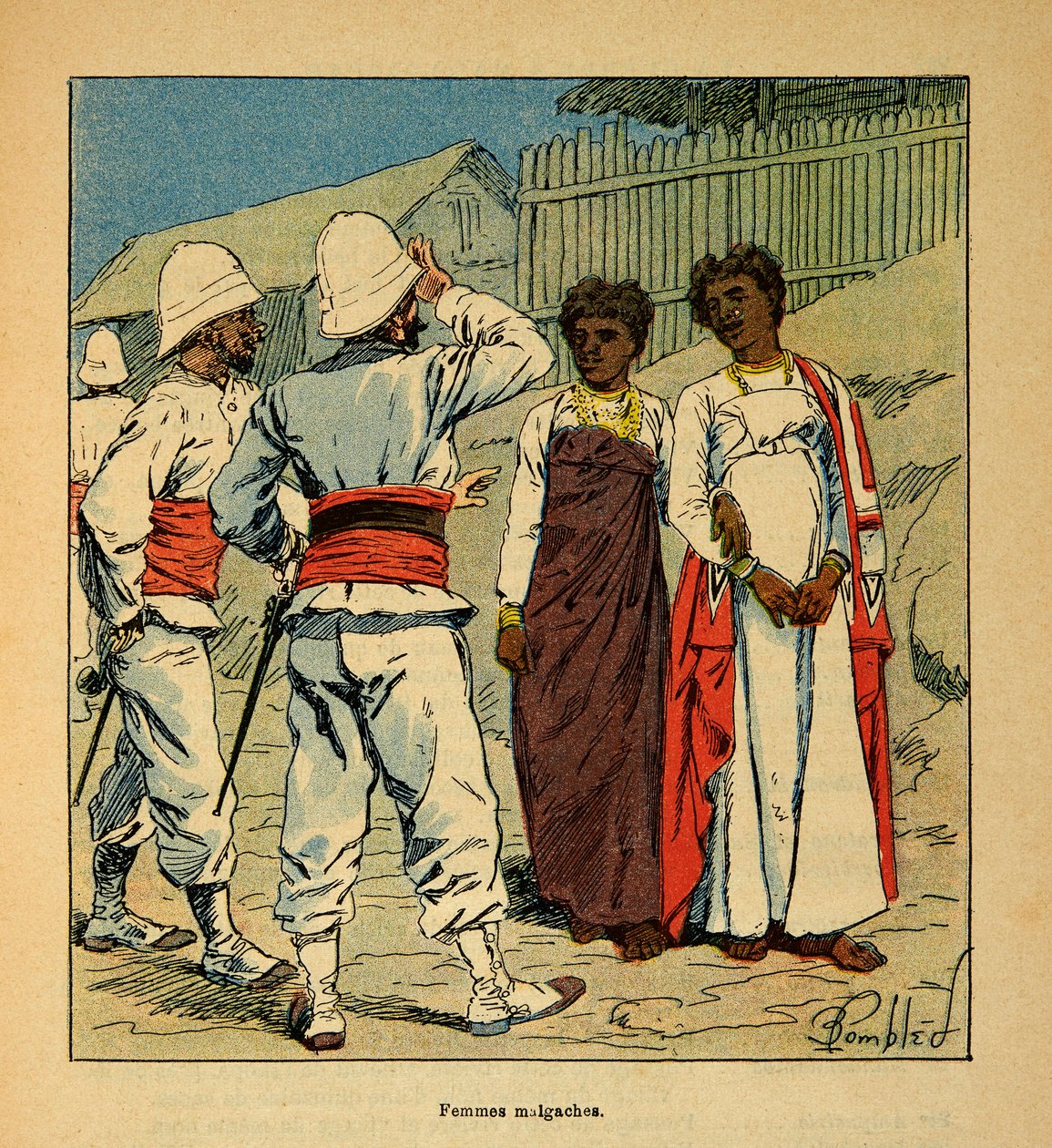 الحرب في مدغشقر - التاريخ القصصي للبعثات الفرنسية 1885-1895 بقلم هنري غالي ديت غاليشيت (1854-1922) ، مصور من قبل لويس بومبلد (1862-1927): جنود فرنسيون يتعاطفون مع نساء مدغشقر ، مجموعة خاصة بواسطة تفجير لويس تشارلز