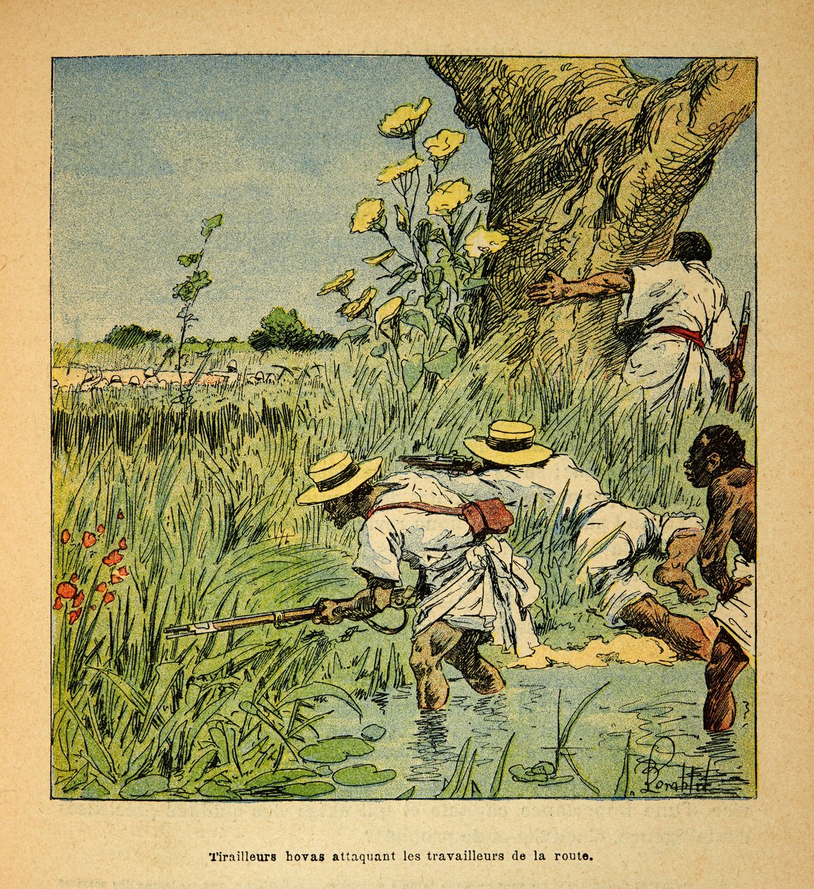 الحرب في مدغشقر - التاريخ القصصي للبعثات الفرنسية 1885-1895 بقلم هنري جالي ديت جاليشيت (1854-1922) ، رسمها لويس بومبلد (1862-1927): هوفاس تيرايليور يهاجم المبنى العسكري للطريق في عام 1895 ، مجموعة خاصة بواسطة تفجير لويس تشارلز