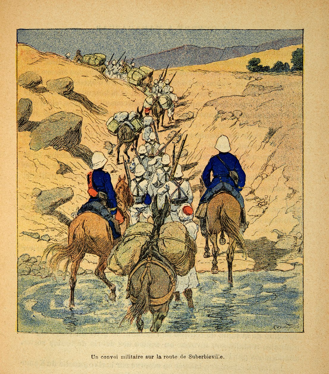 الحرب في مدغشقر - التاريخ القصصي للبعثات الفرنسية 1885-1895 بقلم هنري جالي ديت غالليشيت (1854-1922) ، رسمها لويس بومبلد (1862-1927): قافلة عسكرية على الطريق إلى Suberbieville في عام 1895 ، مجموعة خاصة بواسطة تفجير لويس تشارلز