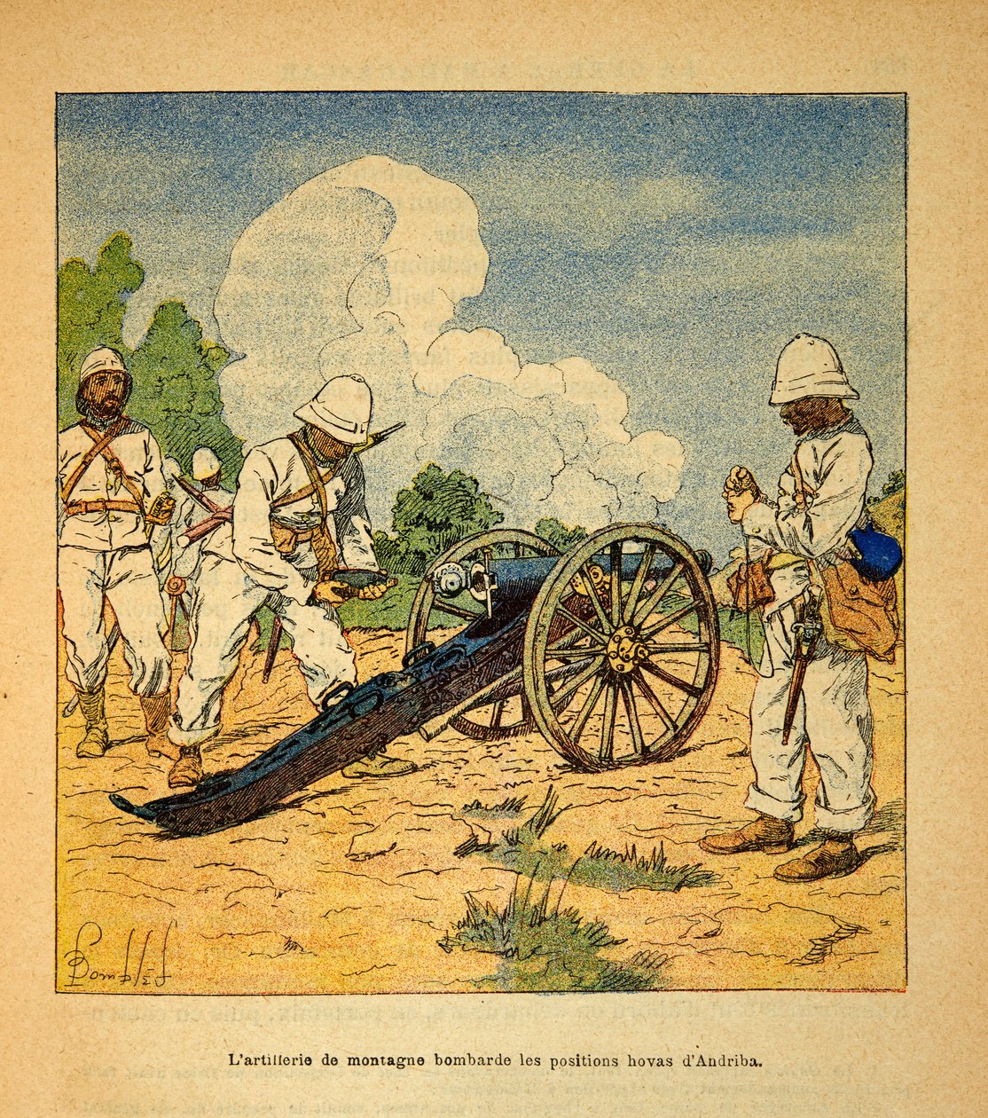 الحرب في مدغشقر - التاريخ القصصي للبعثات الفرنسية 1885-1895 بقلم هنري جالي ديت جاليشيت (1854-1922) ، رسمها لويس بومبلد (1862-1927): قصفت المدفعية الجبلية مواقع هوفاس أندريبا في عام 1895 ، مجموعة خاصة بواسطة تفجير لويس تشارلز