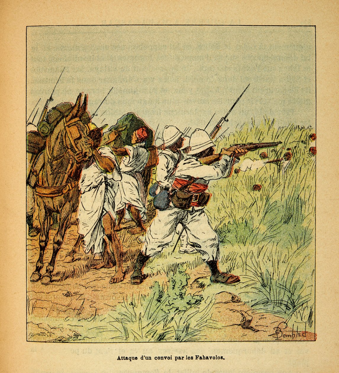 الحرب في مدغشقر - التاريخ القصصي للبعثات الفرنسية 1885-1895 بقلم هنري جالي ديت جاليشيت (1854-1922) ، مصور من قبل لويس بومبلد (1862-1927): هجوم على قافلة عسكرية من قبل Fahavolos ، مجموعة خاصة بواسطة تفجير لويس تشارلز