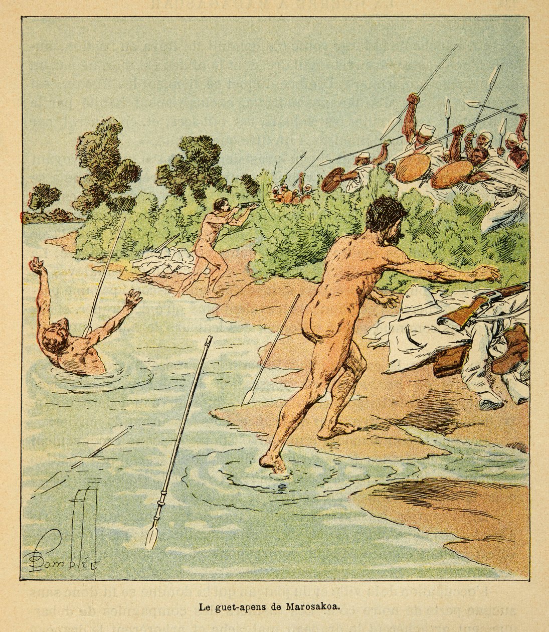 الحرب في مدغشقر - التاريخ القصصي للبعثات الفرنسية 1885-1895 بقلم هنري جالي ديت جاليشيت (1854-1922) ، رسمها لويس بومبلد (1862-1927): هجوم ساكالافيس على المفاوضين الفرنسيين في ماروساكوا في عام 1895 ، مجموعة خاصة بواسطة تفجير لويس تشارلز