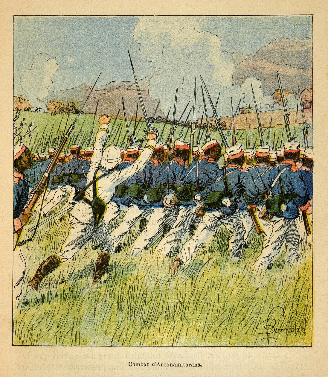 الحرب في مدغشقر - التاريخ القصصي للبعثات الفرنسية 1885-1895 بقلم هنري جالي ديت جاليشيت (1854-1922) ، رسمها لويس بومبلد (1862-1927): القوات الفرنسية أثناء معارك أنتاناميتارانا في عام 1895 ، مجموعة خاصة بواسطة تفجير لويس تشارلز