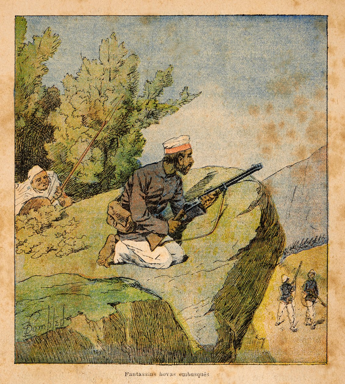 الحرب في مدغشقر - التاريخ القصصي للبعثات الفرنسية 1885-1895 بقلم هنري غالي ديت غاليشيت (1854-1922) ، رسمها لويس بومبلد (1862-1927): هوفاس كمين ، مجموعة خاصة بواسطة تفجير لويس تشارلز