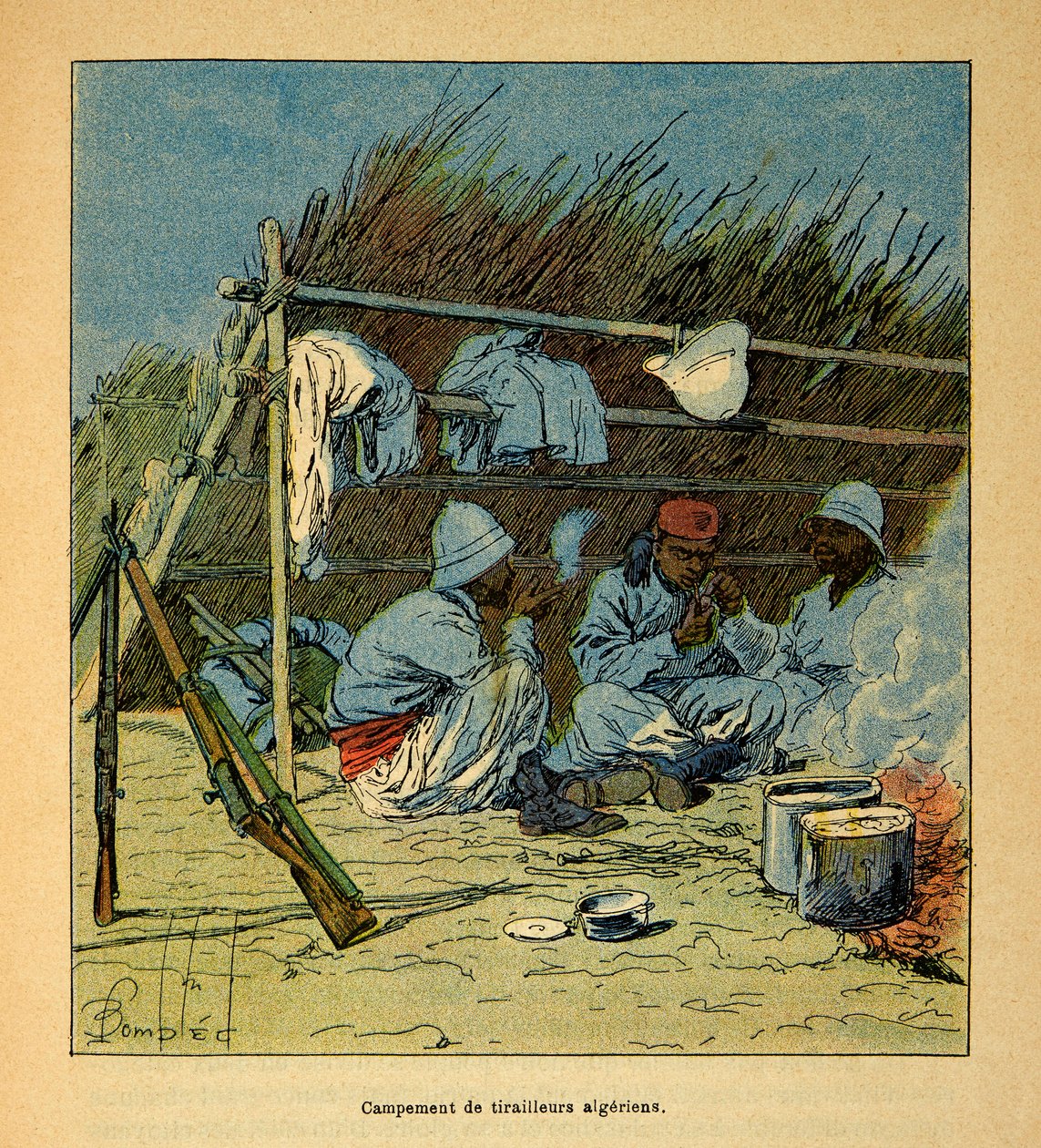 الحرب في مدغشقر - التاريخ القصصي للبعثات الفرنسية 1885-1895 بقلم هنري جالي ديت جاليشيت (1854-1922) ، رسمها لويس بومبلد (1862-1927): معسكر الجزائريين في مدغشقر عام 1895 ، مجموعة خاصة بواسطة تفجير لويس تشارلز