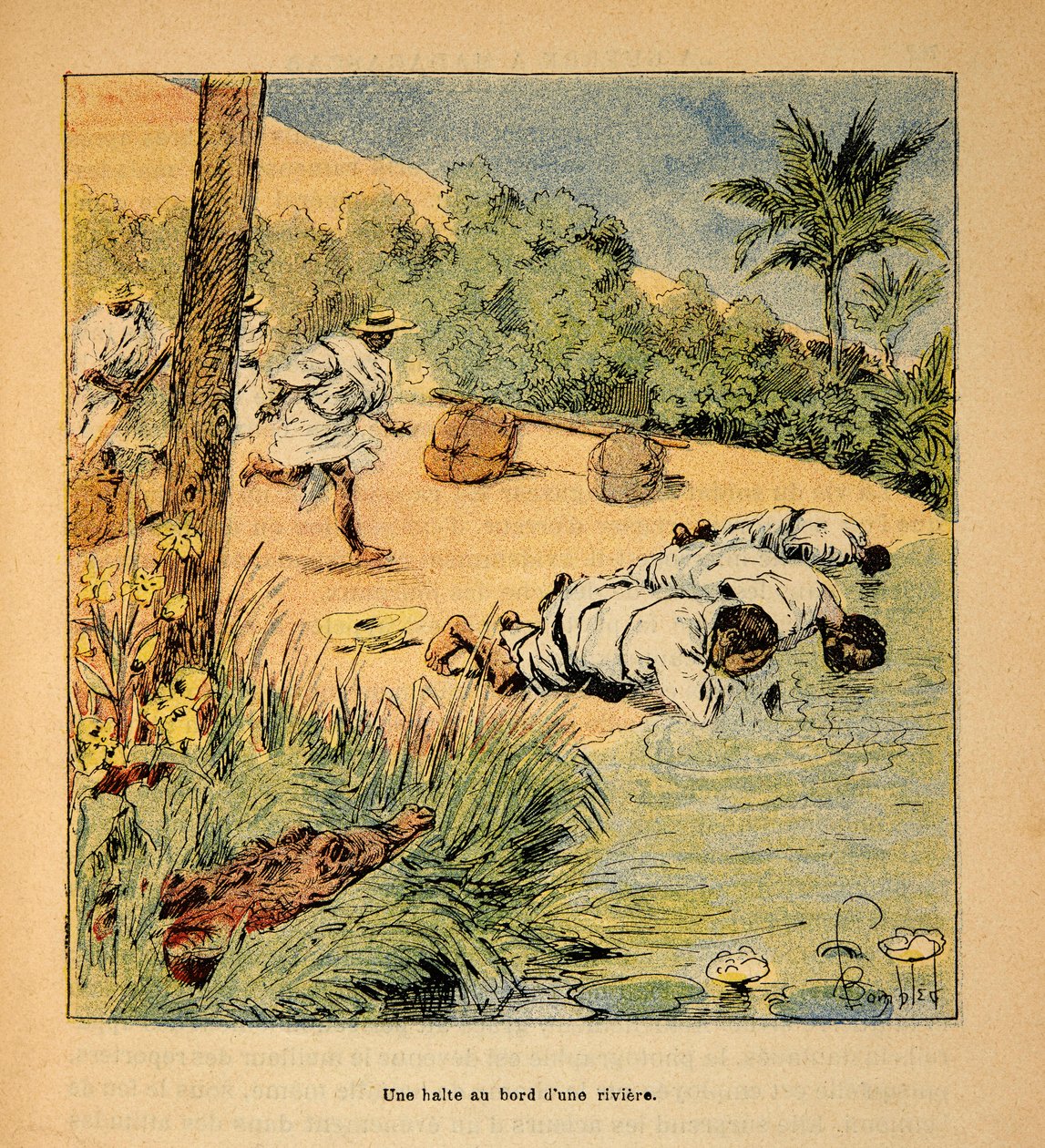 الحرب في مدغشقر - التاريخ القصصي للبعثات الفرنسية 1885-1895 بقلم هنري جالي ديت جاليشيت (1854-1922) ، رسمها لويس بومبلد (1862-1927): توقف عند النهر في عام 1895 ، مجموعة خاصة بواسطة تفجير لويس تشارلز
