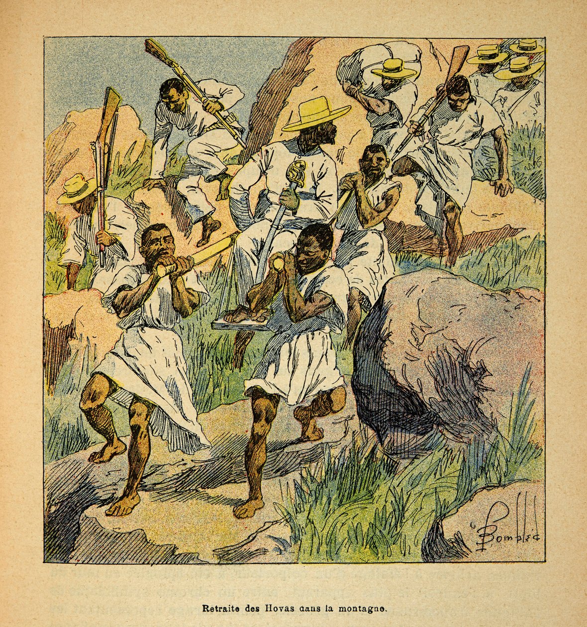 الحرب في مدغشقر - التاريخ القصصي للبعثات الفرنسية 1885-1895 بقلم هنري جالي ديت غالليشيت (1854-1922) ، مصور من قبل لويس بومبلد (1862-1927): انسحاب قوات هوفاس في الجبال ، مجموعة خاصة بواسطة تفجير لويس تشارلز