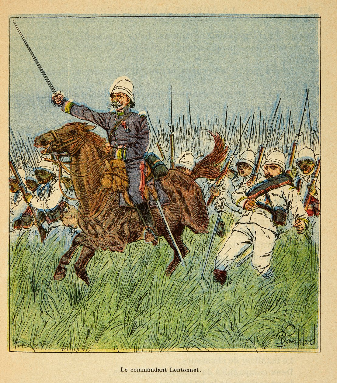 الحرب في مدغشقر - التاريخ القصصي للبعثات الفرنسية 1885-1895 بقلم هنري جالي ديت جاليشيت (1854-1922) ، رسمها لويس بومبلد (1862-1927): القائد لينتونيت (1840-1896) مع القوات الفرنسية خلال الدفاع عن القيصر بواسطة تفجير لويس تشارلز