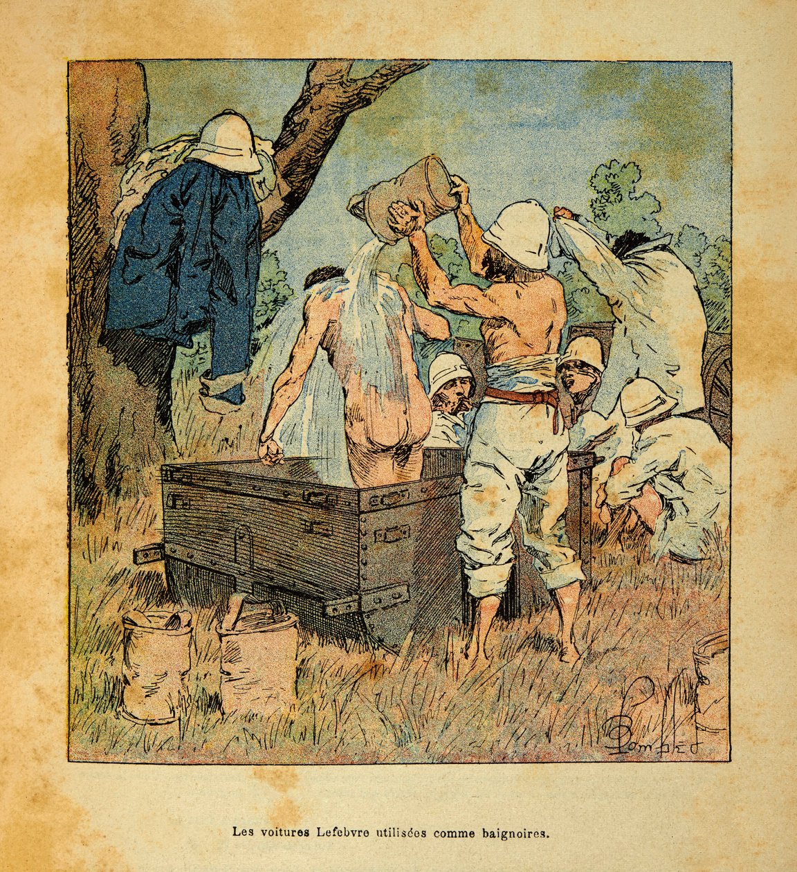 الحرب في مدغشقر - التاريخ القصصي للبعثات الفرنسية 1885-1895 بواسطة هنري جالي ديت جاليشيت (1854-1922) ، رسمها لويس بومبلد (1862-1927): سيارات Lefebvre التي استخدمها الجنود كحوض استحمام في عام 1895 في مدغشقر ، مجموعة خاصة بواسطة تفجير لويس تشارلز