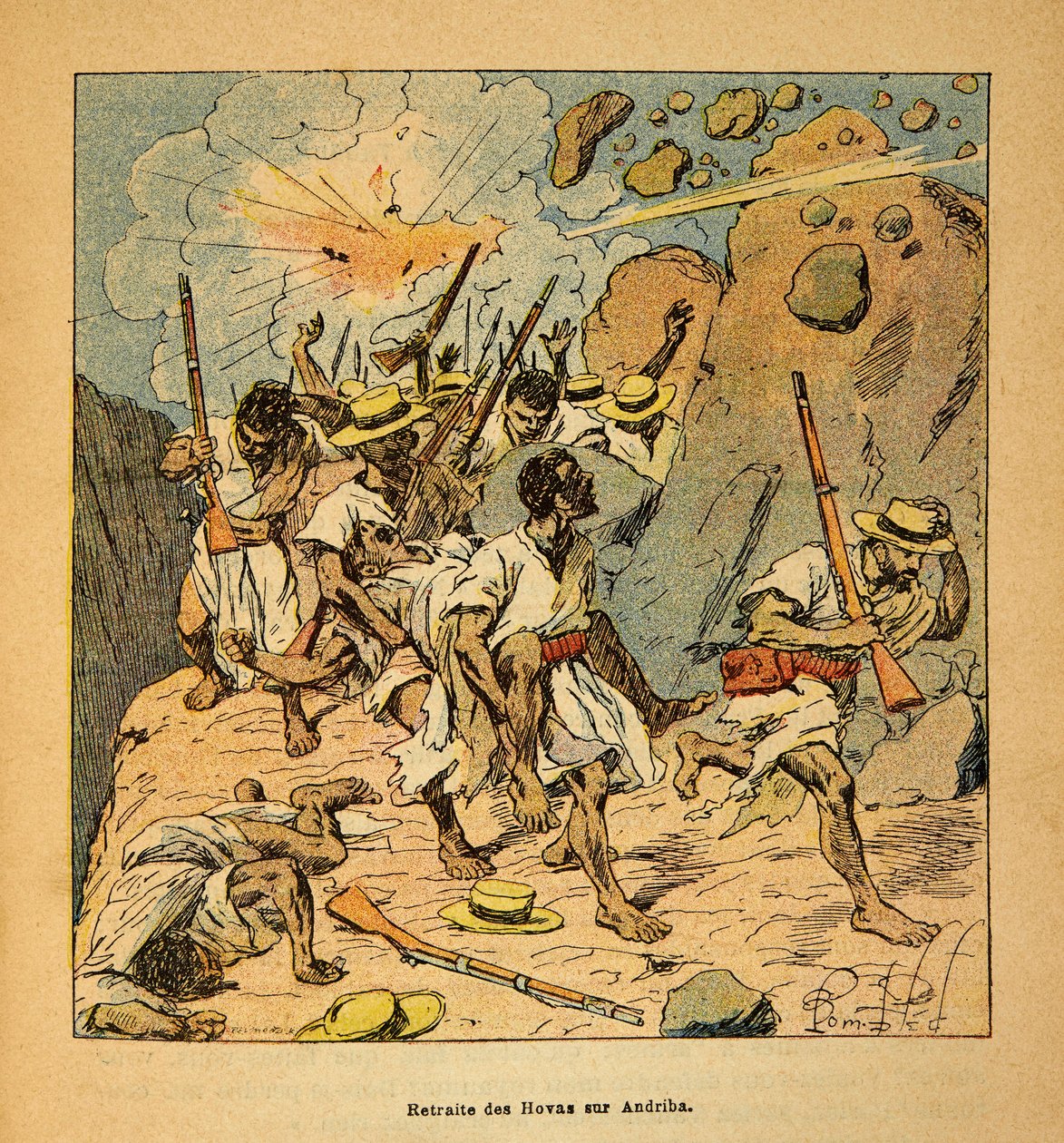 الحرب في مدغشقر - التاريخ القصصي للبعثات الفرنسية 1885-1895 بقلم هنري جالي ديت جاليشيت (1854-1922) ، مصور من قبل لويس بومبلد (1862-1927): تراجع هوفاس في أندريبا ، مجموعة خاصة بواسطة تفجير لويس تشارلز