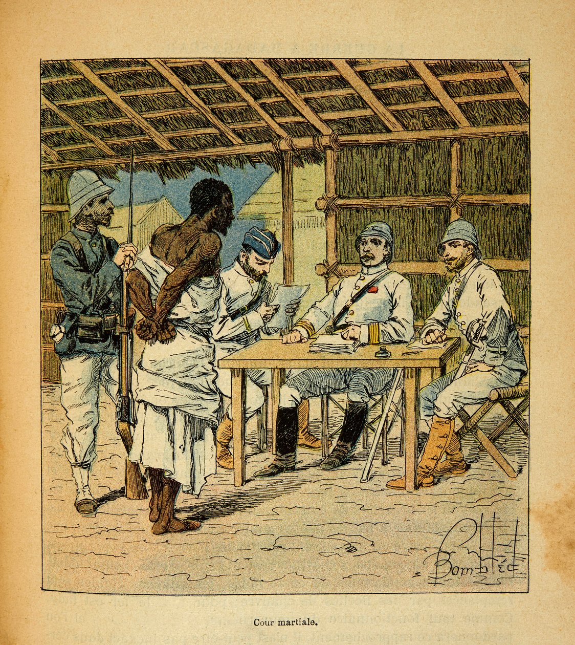 الحرب في مدغشقر - التاريخ القصصي للبعثات الفرنسية 1885-1895 بقلم هنري جالي ديت غالليشيت (1854-1922) ، مصور من قبل لويس بومبلد (1862-1927): استجواب مجموعة خاصة فرنسية لسجين هوفاس بواسطة تفجير لويس تشارلز