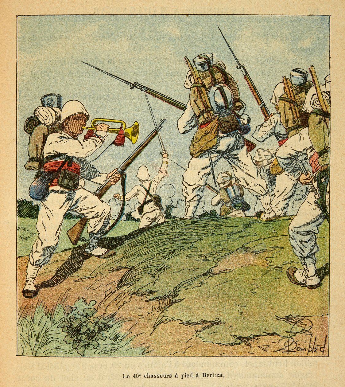 الحرب في مدغشقر - التاريخ القصصي للبعثات الفرنسية 1885-1895 بقلم هنري جالي ديت جاليشيت (1854-1922) ، رسمها لويس بومبلد (1862-1927): الصيادون الأربعون سيرًا على الأقدام أثناء القتال في بيريتزا عام 1895 ، خاص مجموعة بواسطة تفجير لويس تشارلز