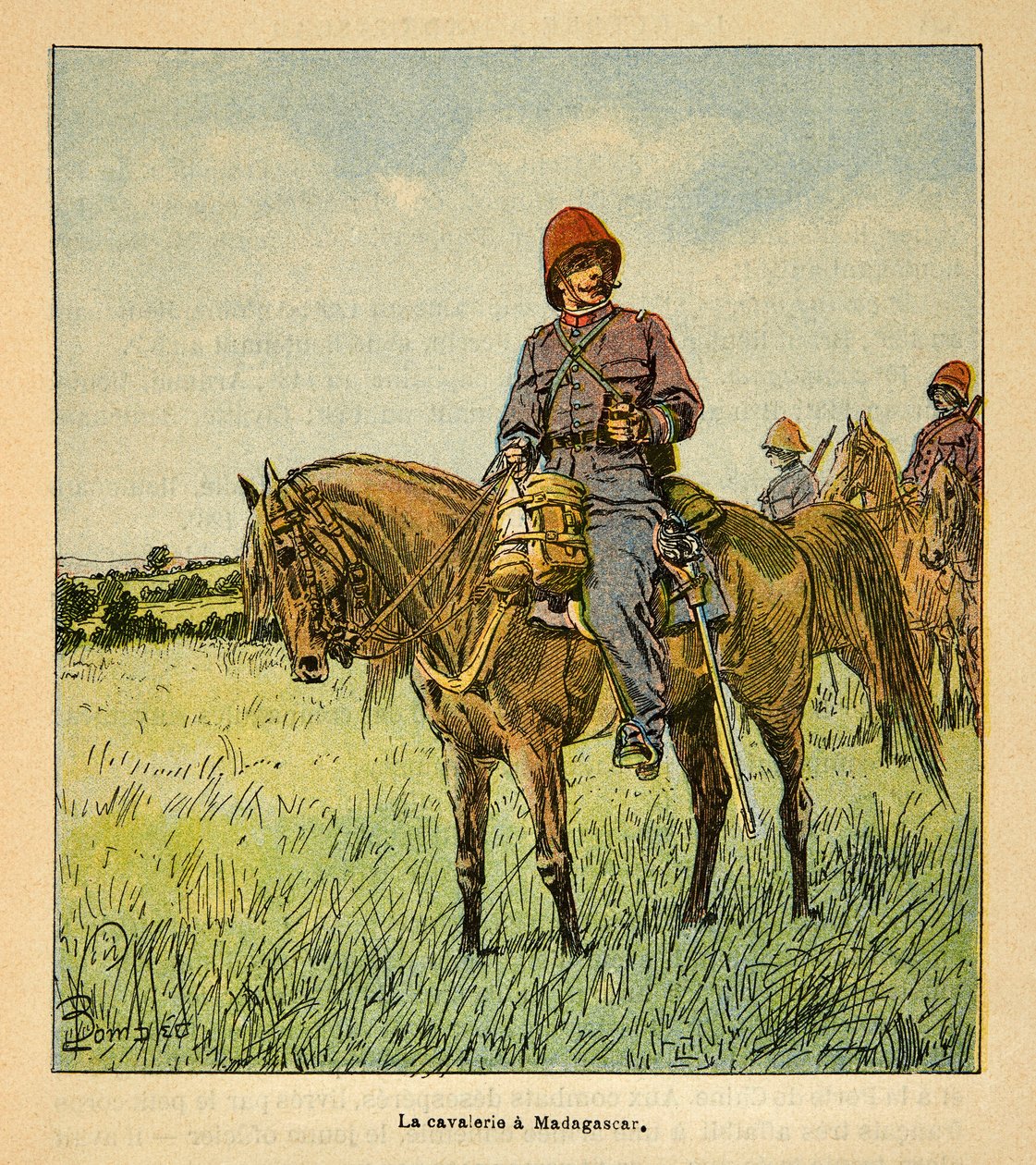 الحرب في مدغشقر - التاريخ القصصي للبعثات الفرنسية 1885-1895 بقلم هنري جالي ديت غالليشيت (1854-1922) ، مصور من قبل لويس بومبلد (1862-1927): La Cavalerie francaise à Madagascar ، مجموعة جزئية بواسطة تفجير لويس تشارلز