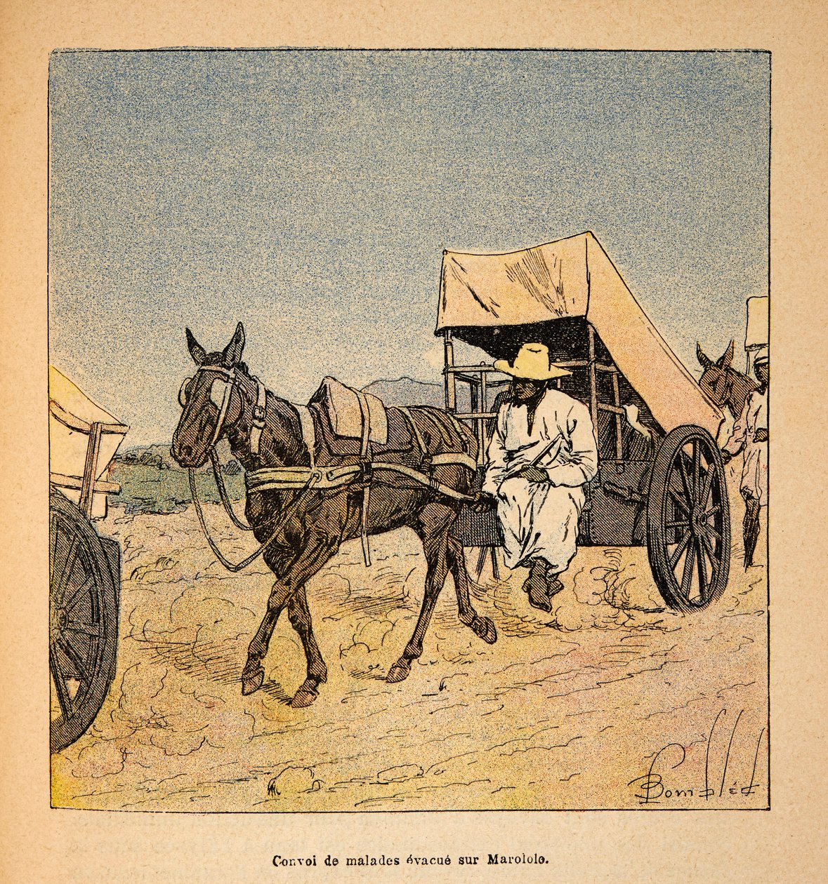 الحرب في مدغشقر - التاريخ القصصي للبعثات الفرنسية 1885-1895 بقلم هنري جالي ديت جاليشيت (1854-1922) ، مصور من قبل لويس بومبلد (1862-1927): قافلة هروب مرضى في مارولولو ، مجموعة خاصة بواسطة تفجير لويس تشارلز