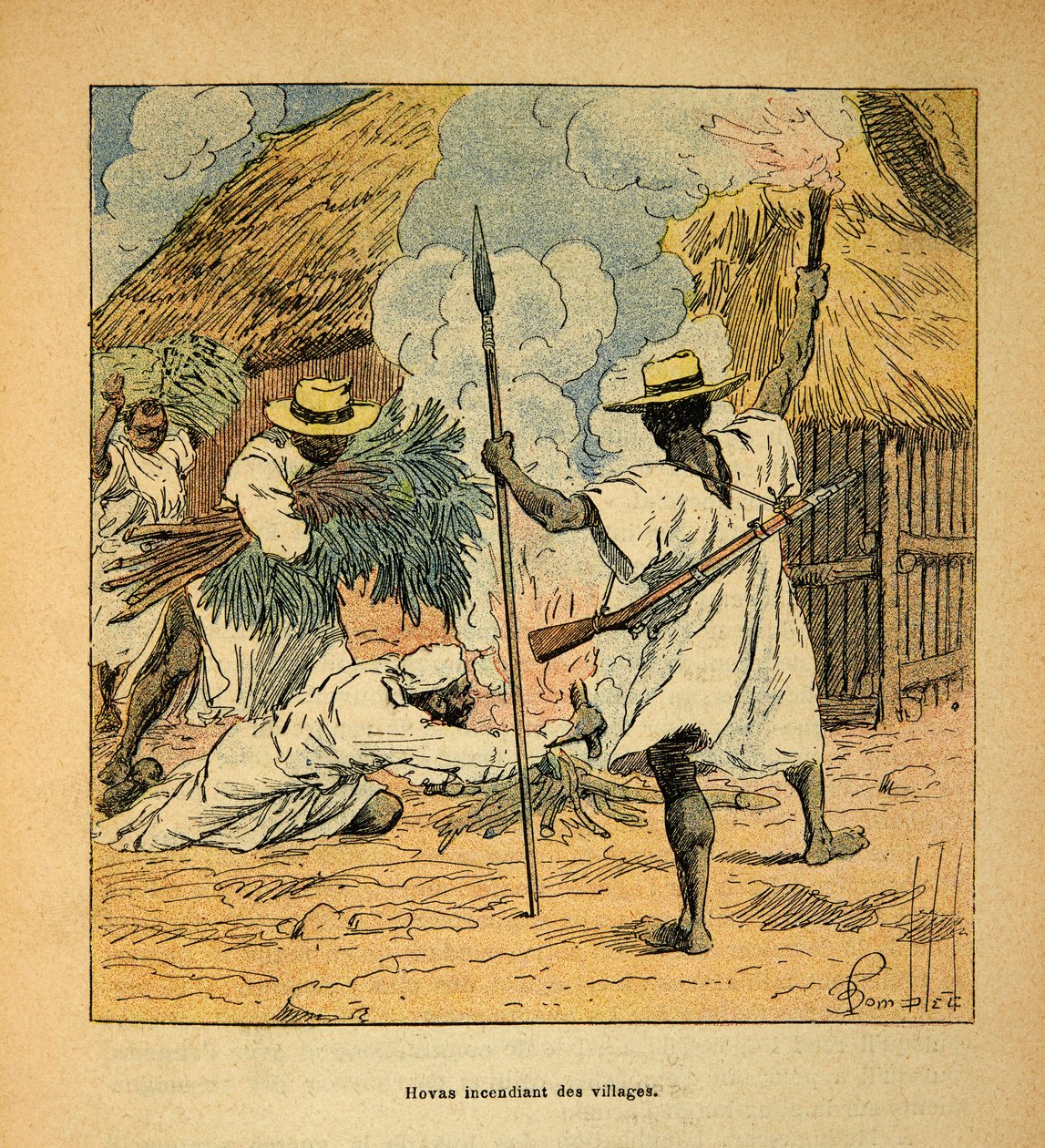 الحرب في مدغشقر - التاريخ القصصي للبعثات الفرنسية 1885-1895 بواسطة هنري جالي ديت جاليشيت (1854-1922) ، مصور من قبل لويس بومبلد (1862-1927): هوفاس تحرق القرى ، مجموعة خاصة بواسطة تفجير لويس تشارلز