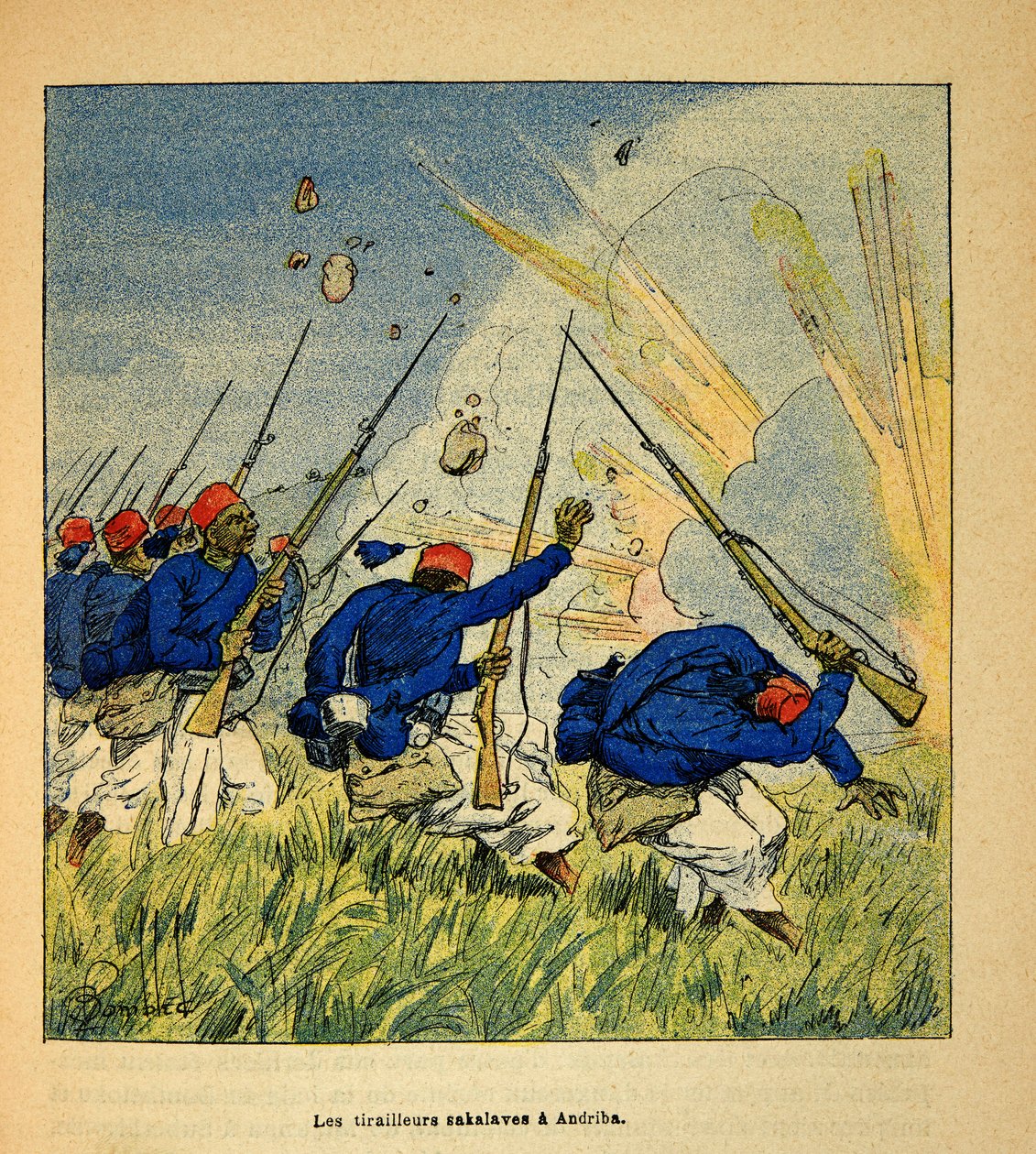 The War in Madagascar-Anecdotal History of the French Expeditions of 1885-1895 by Henri Galli dit Galllichet (1854-1922), illustrated by Louis Bombled (1862-1927): The Sakalave Tirailleurs during the Fighting in Andriba in 1895, Private Collection بواسطة تفجير لويس تشارلز