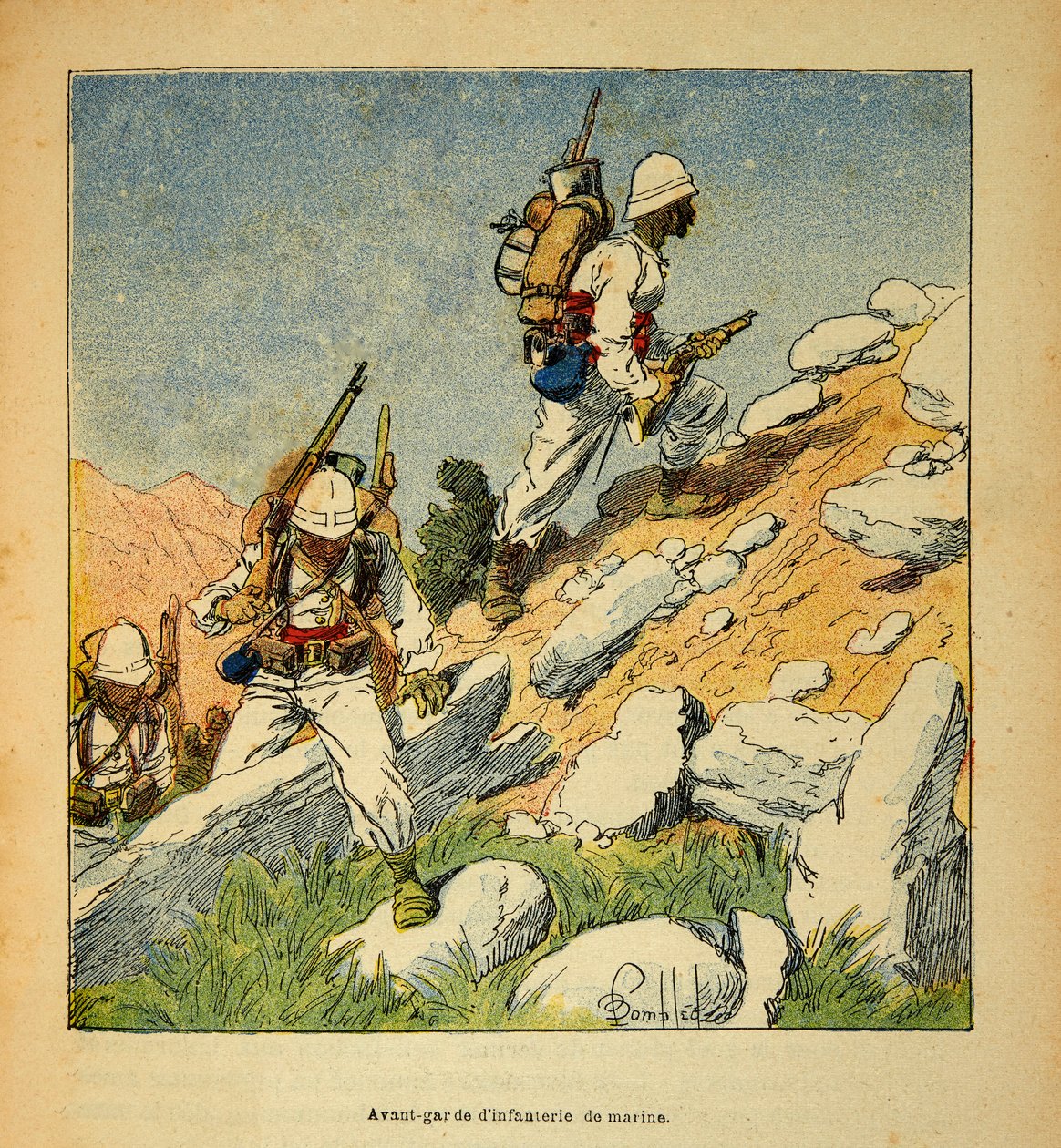 الحرب في مدغشقر - التاريخ القصصي للبعثات الفرنسية 1885-1895 بقلم هنري جالي ديت جاليشيت (1854-1922) ، رسمها لويس بومبلد (1862-1927): طليعة المشاة في مدغشقر في عام 1895 ، مجموعة خاصة بواسطة تفجير لويس تشارلز