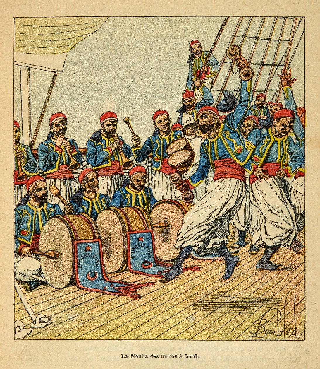 الحرب في مدغشقر - التاريخ القصصي للبعثات الفرنسية 1885-1895 بقلم هنري غالي ديت غاليشيت (1854-1922) ، رسمها لويس بومبلد (1862-1927): لا نوبا دي تركوس على متن السفينة التي تبحر إلى مدغشقر ، مجموعة خاصة بواسطة تفجير لويس تشارلز