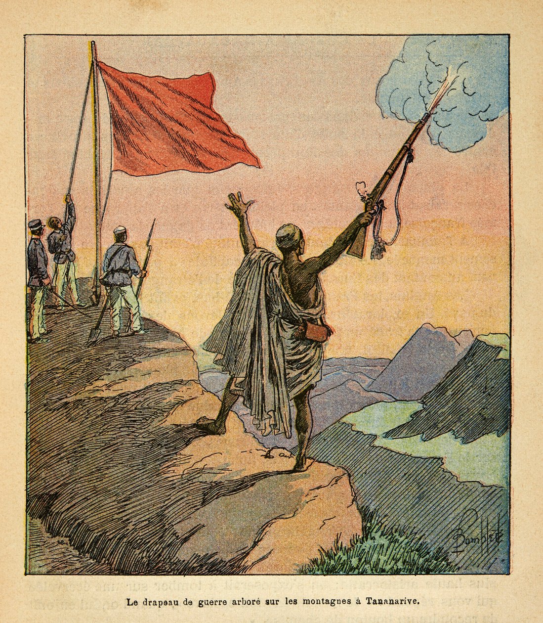 الحرب في مدغشقر - التاريخ القصصي للبعثات الفرنسية 1885-1895 بقلم هنري جالي ديت جاليشيت (1854-1922) ، مصور من قبل لويس بومبلد (1862-1927): مصنع علم الحرب الأحمر الملغاشي على جبال تاناناريف ، مجموعة خاصة بواسطة تفجير لويس تشارلز