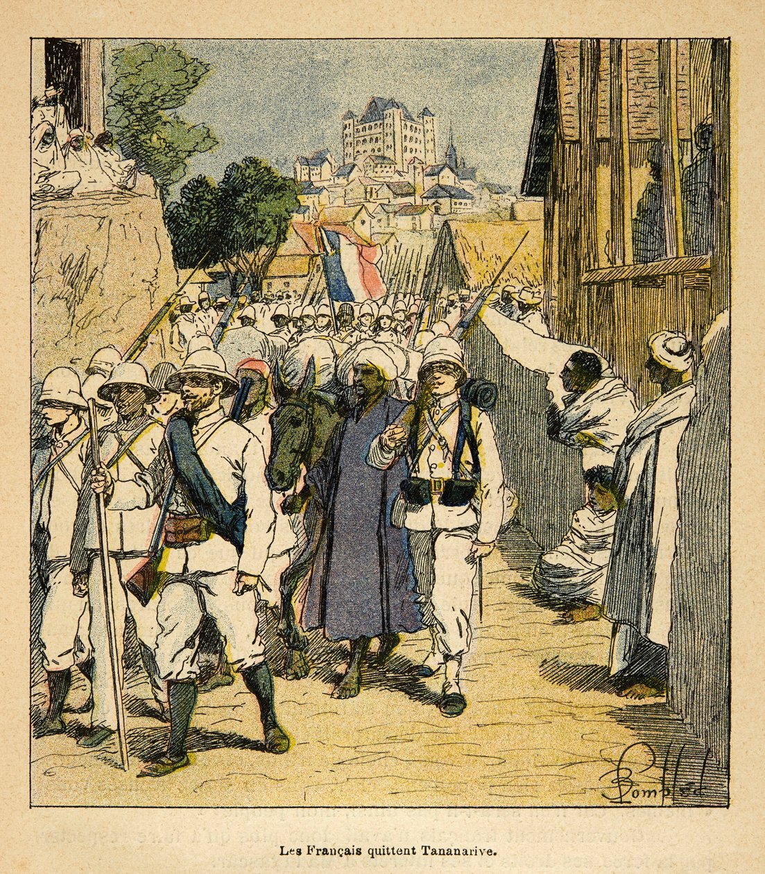 الحرب في مدغشقر - التاريخ القصصي للبعثات الفرنسية 1885-1895 بقلم هنري جالي ديت جاليشيت (1854-1922) ، رسمها لويس بومبلد (1862-1927): الجيش الفرنسي في تنانانريف في عام 1895 ، مجموعة خاصة بواسطة تفجير لويس تشارلز