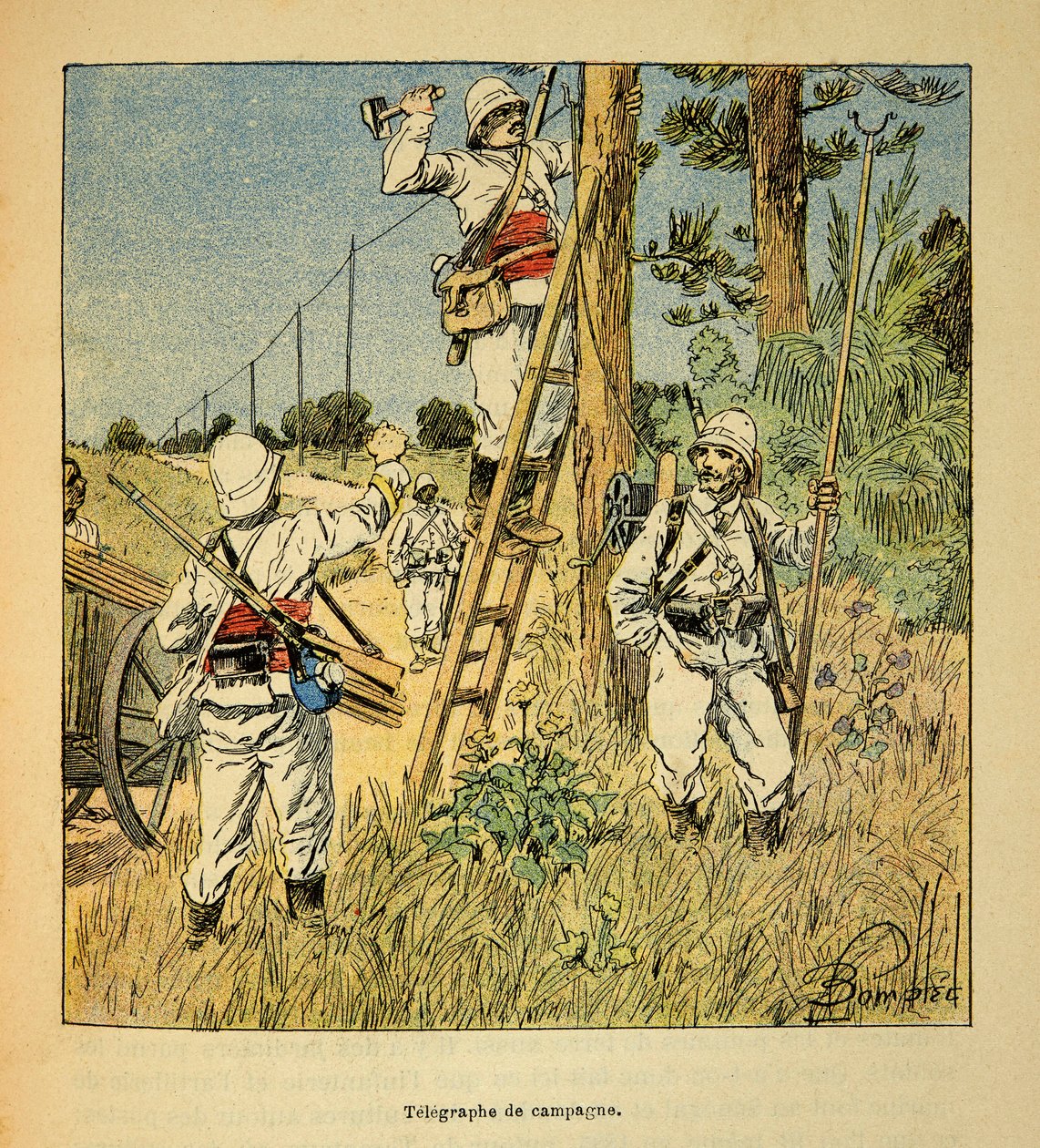 الحرب في مدغشقر - التاريخ القصصي للبعثات الفرنسية 1885-1895 بواسطة هنري جالي ديت جاليشيت (1854-1922) ، رسمها لويس بومبلد (1862-1927): تنفيذ حملة التلغراف من قبل الجيش في مدغشقر في عام 1895 ، خاص كول بواسطة تفجير لويس تشارلز