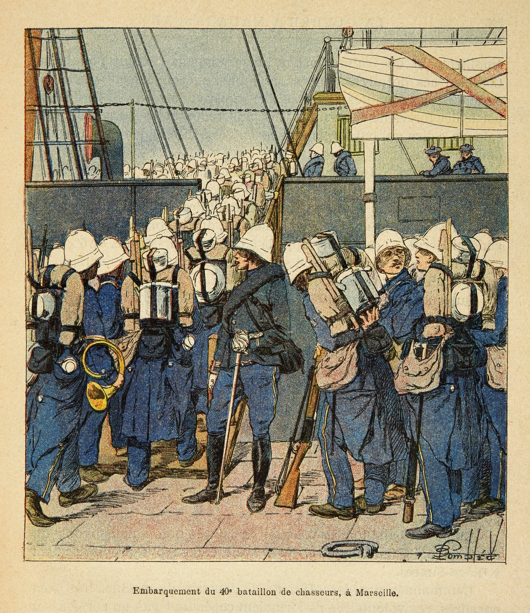 الحرب في مدغشقر - التاريخ القصصي للبعثات الفرنسية 1885-1895 بواسطة هنري جالي ديت جاليشيت (1854-1922) ، رسمها لويس بومبلد (1862-1927): دخول الكتيبة المقاتلة الأربعين في مرسيليا إلى مدغشقر في عام 1895 ، خاص كولي بواسطة تفجير لويس تشارلز
