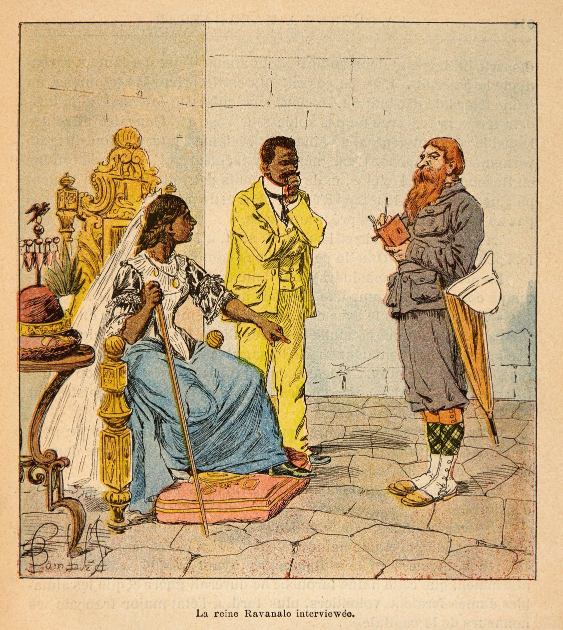 الحرب في مدغشقر - التاريخ القصصي للبعثات الفرنسية 1885-1895 بواسطة هنري جالي ديت غالليشيت (1854-1922) ، مصور من قبل لويس بومبلد (1862-1927): أجرى صحفي إنجليزي مقابلة مع الملكة رافانالو في عام 1895 في حضور رئيسه. مينست بواسطة تفجير لويس تشارلز