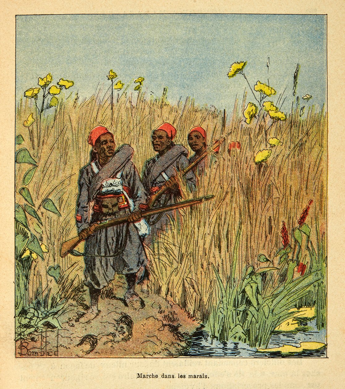 الحرب في مدغشقر - التاريخ القصصي للبعثات الفرنسية 1885-1895 بواسطة Henri Galli dit Galllichet (1854-1922) ، مصورة بواسطة Louis Bombled (1862-1927): القوات الفرنسية في رحلة استكشافية في المستنقعات في مدغشقر في عام 1895 بواسطة تفجير لويس تشارلز