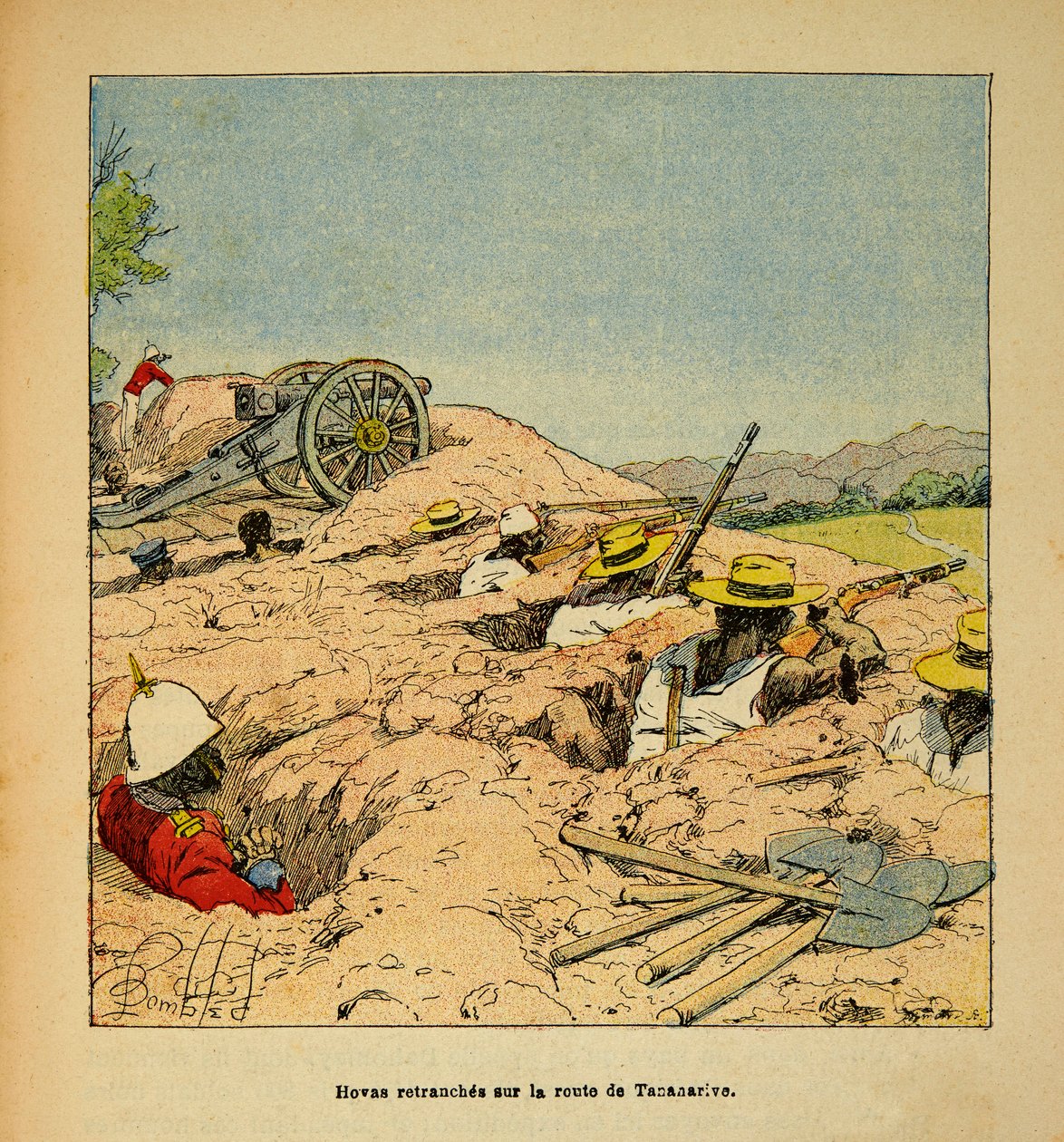 الحرب في مدغشقر - التاريخ القصصي للبعثات الفرنسية 1885-1895 بواسطة Henri Galli dit Galllichet (1854-1922) ، رسمها Louis Bombled (1862-1927): Hovas troupe trenchees on the road to Tannarive in 1895، Private Collection بواسطة تفجير لويس تشارلز
