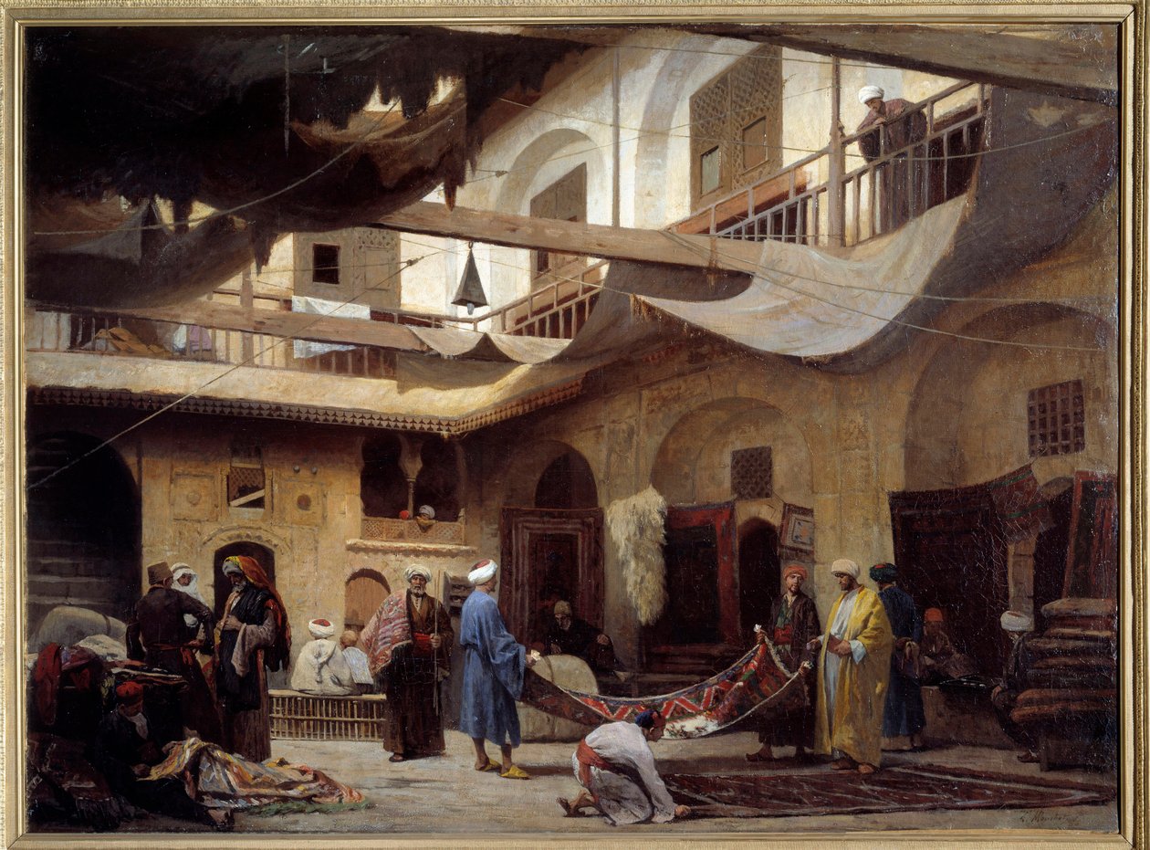 بازار السجاد في خان خبيل بالقاهرة عام 1866. لوحة لويس كلود موشوت (1830-1891) بواسطة لويس كلود موشوت