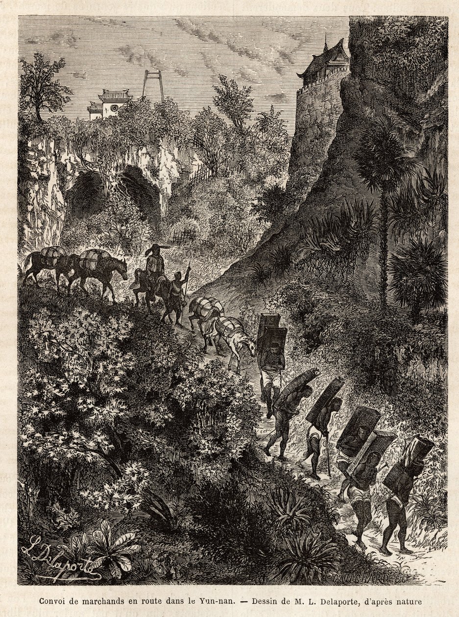 قافلة من التجار وحمالينهم في طريقهم إلى يونان (الصين) ، نقش عليها بعد رسم إل ديلابورت ، لتوضيح رحلة الاستكشاف في الهند الصينية بواسطة فرانسيس غارنييه ، ملازم سفينة ، في 1866-1868 ، نُشرت في "" Le رحلة العالم "187 بواسطة لويس ديلابورت