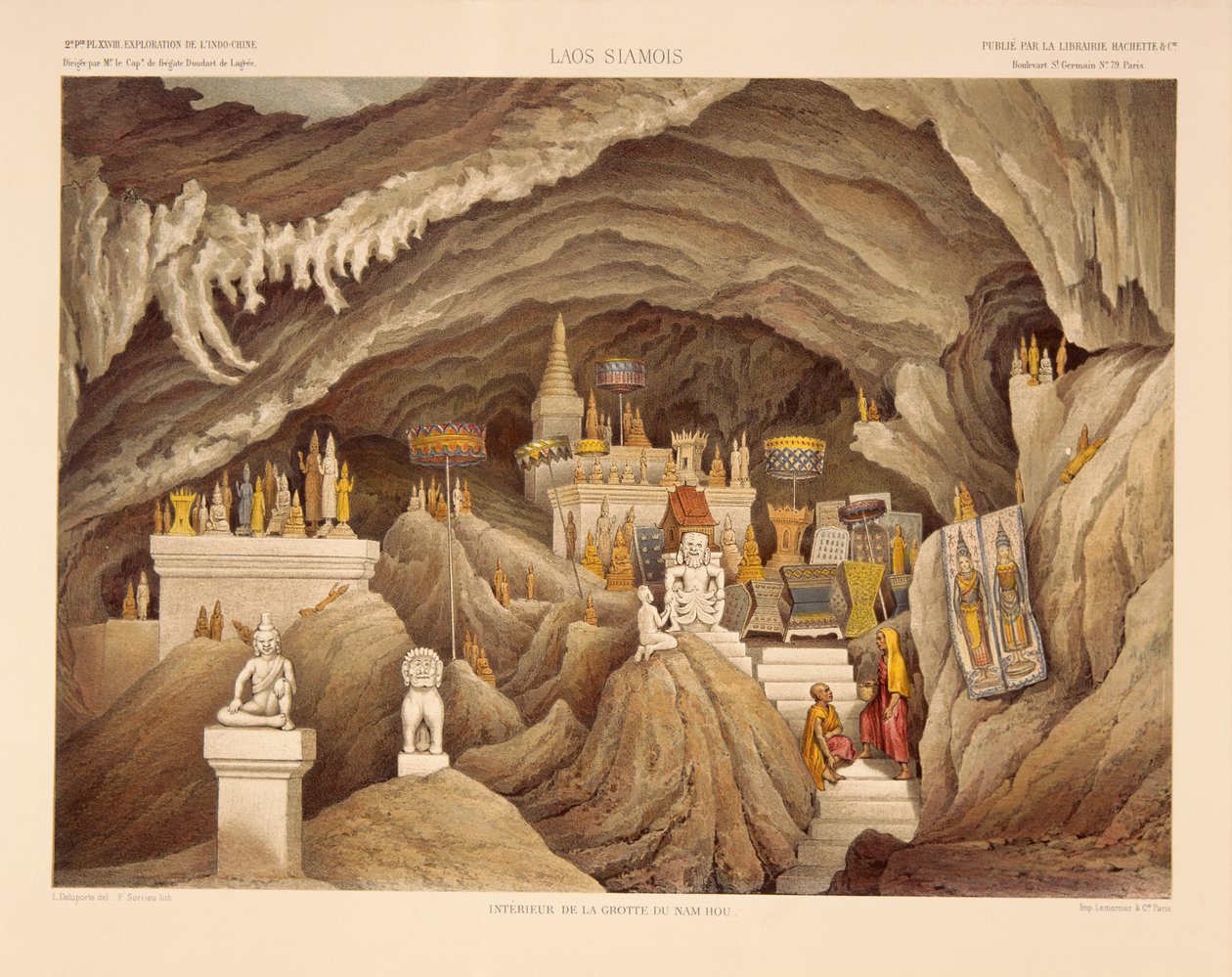 داخل معبد الكهف في لاوس ، مطبوعة من تصميم F.Sorrieu ، رسم توضيحي من "رحلة استكشافية في الهند الصينية خلال السنوات 1866 ، 1867 و 1868" بقلم فرانسيس غارنييه وإرنست دودارت دي لاغري ، ص بواسطة لويس ديلابورت