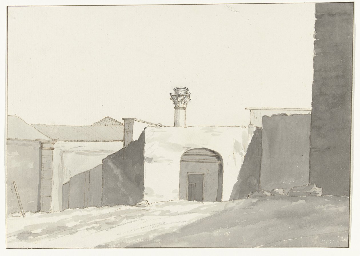 Antieke zuil en gebouwen في هافن فان برينديزي منظر بعيد للعمود العتيق [على ميناء برينديزي] رحلات في إيطاليا وصقلية ومالطا - 1778 (عنوان السلسلة) بواسطة لويس دوكروس