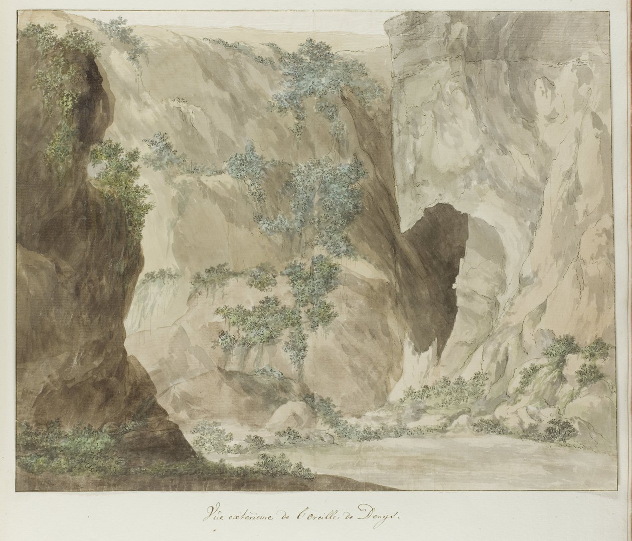 Buitenwand van de grot Ear of Dionysius منظر خارجي لأذن ديونيسيوس (العنوان على الكائن) رحلات في إيطاليا وصقلية ومالطا - 1778 (عنوان السلسلة) بواسطة لويس دوكروس