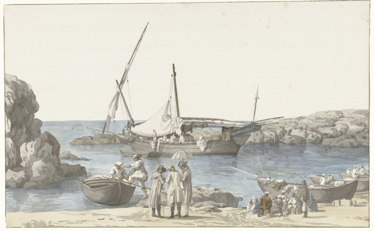 Gezicht op Taranto en Haven van Luogo Vivo منظر لمبنى Tarentin وميناء رقم الأرض السابق (العنوان على الكائن) يسافر في إيطاليا وصقلية ومالطا - 1778 (عنوان السلسلة) بواسطة لويس دوكروس