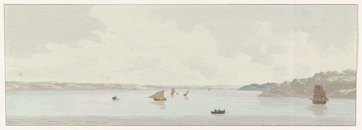 Gezicht op een deel van het Mare Piccolo منظر لجزء من Mare Piccolo ، حيث كان موقع الجسر القديم ، مصب Galesus (العنوان على الكائن) رحلات في إيطاليا وصقلية ومالطا - 1778 (عنوان السلسلة) بواسطة لويس دوكروس