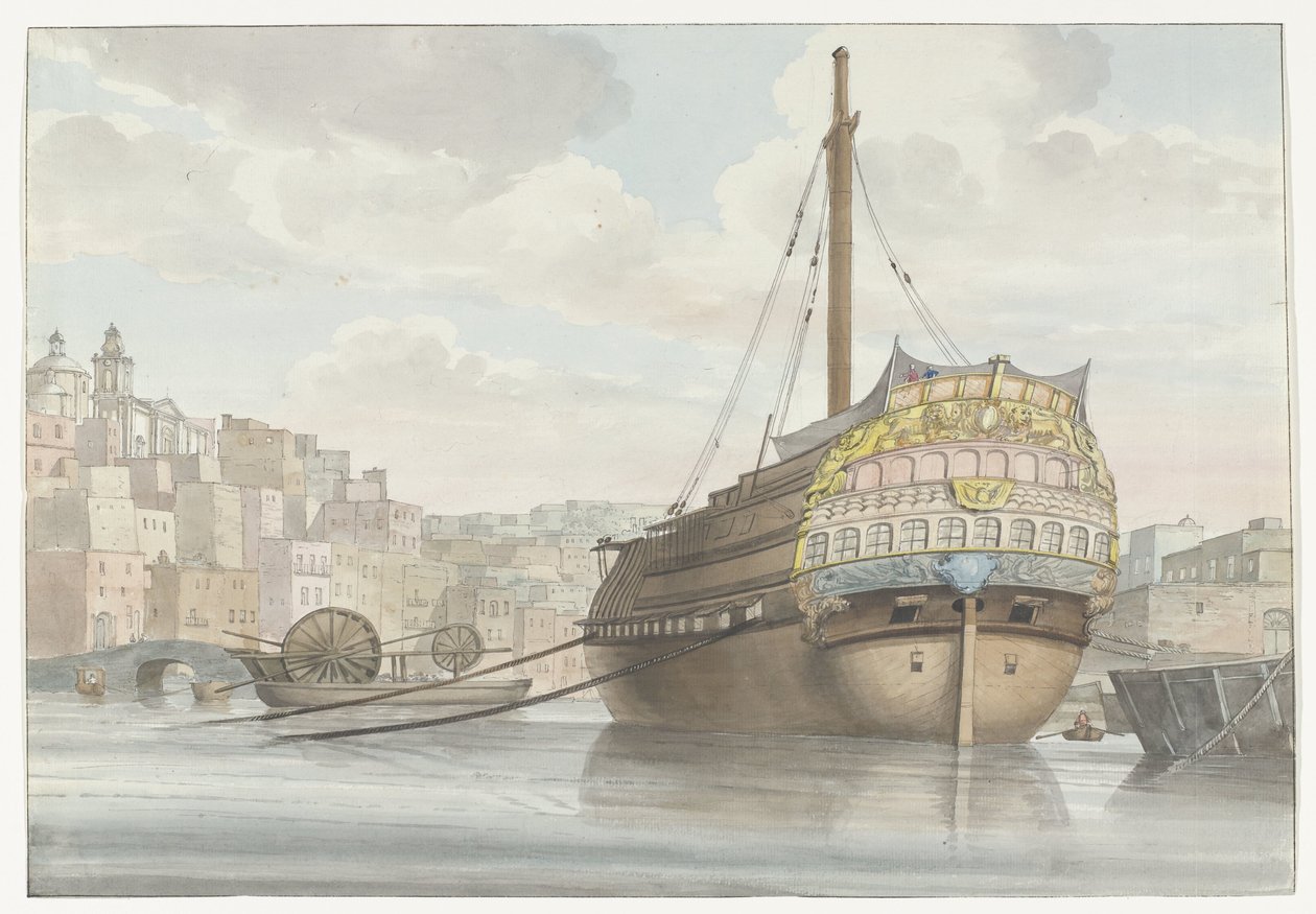 Gezicht op Haven التقى galei schip vlakbij de werf منظر لأسفل ميناء جاليير في مالث ، مأخوذ من الموقع (العنوان على الجسم) رحلات في إيطاليا وصقلية ومالطا - 1778 (عنوان السلسلة) بواسطة لويس دوكروس
