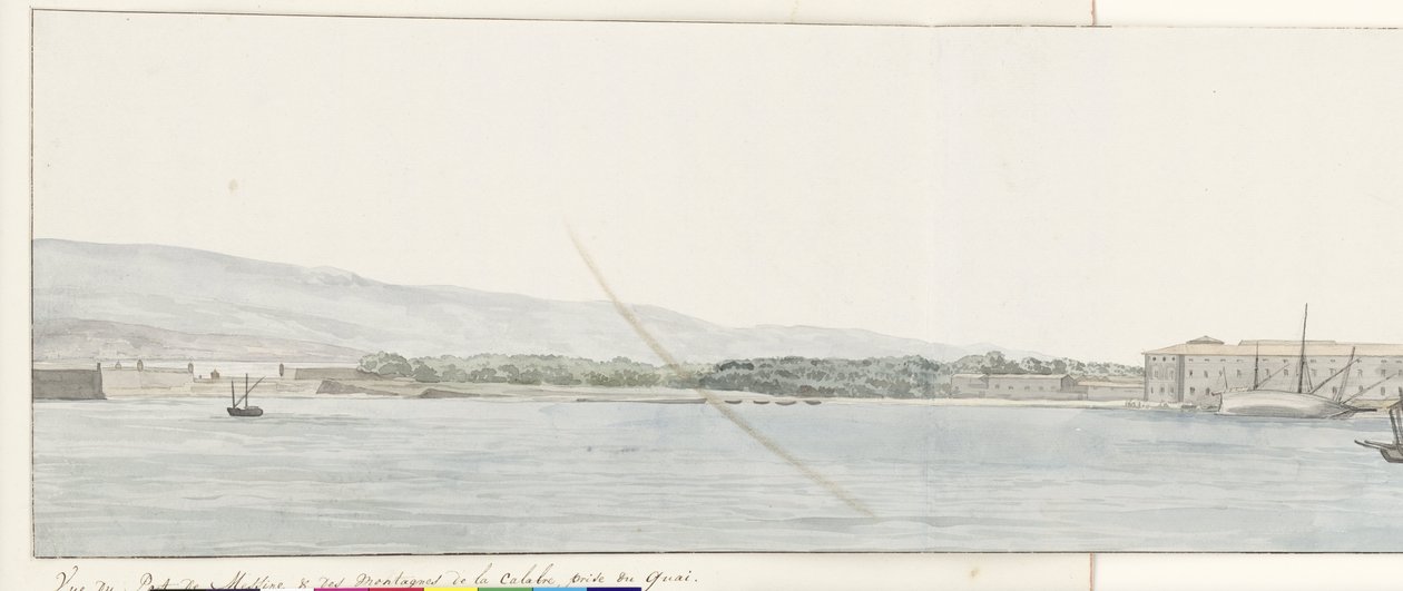 Gezicht op Haven van Messina en bergen van Calabrië vanaf kade منظر لميناء ميسينا وجبال كالابريا ، مأخوذ من الرصيف (العنوان على الجسم) رحلات في إيطاليا وصقلية ومالطا - 1778 (عنوان السلسلة) بواسطة لويس دوكروس